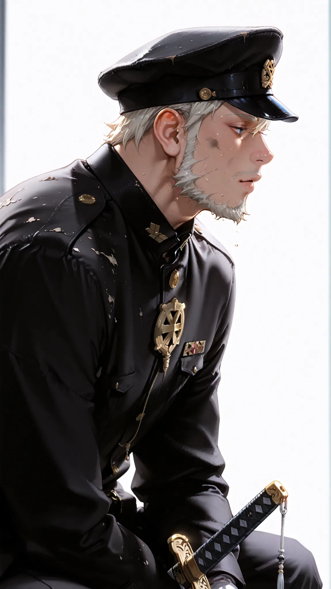 (masterpiece, Highest Quality, high image quality: 1.2), male, alone,(masterpiece, Highest Quality, Highest Quality:1.2), very detailed,most detailed ((Super Detail)), (very detailedCGイラスト), ((VERY DELICATE))、Collared Uniform 、 Japanese sword、 Simple Unif...
