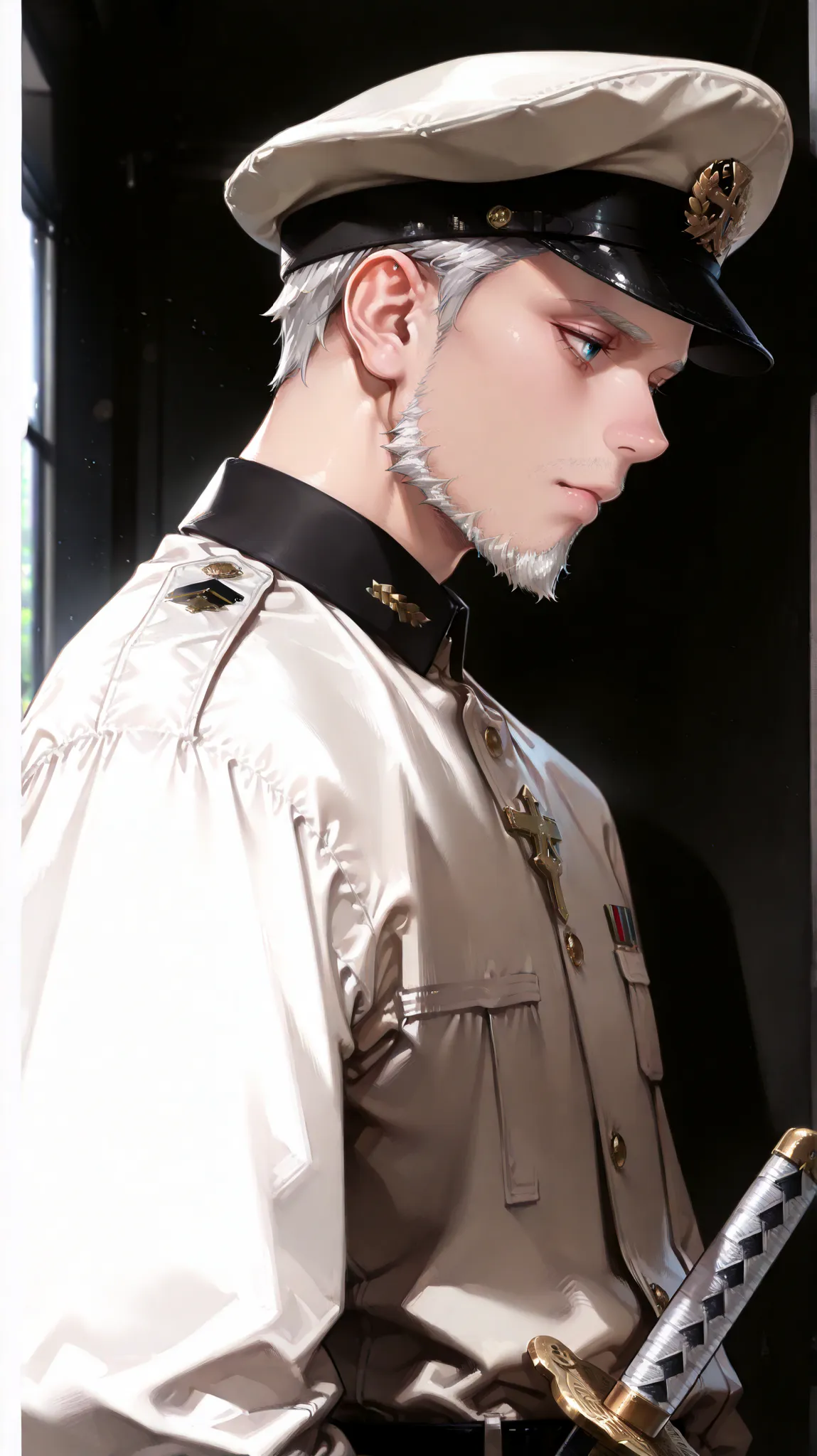 (masterpiece, Highest Quality, high image quality: 1.2), male, alone,(masterpiece, Highest Quality, Highest Quality:1.2), very detailed,most detailed ((Super Detail)), (very detailedCGイラスト), ((VERY DELICATE))、Collared Uniform 、 Japanese sword、 Simple Unif...