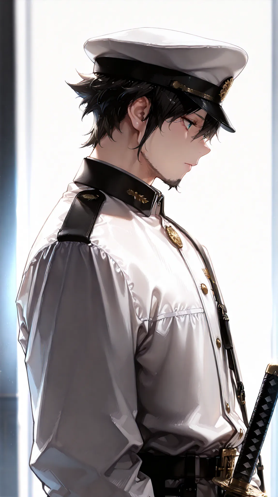(masterpiece, Highest Quality, high image quality: 1.2), male, alone,(masterpiece, Highest Quality, Highest Quality:1.2), very detailed,most detailed ((Super Detail)), (very detailedCGイラスト), ((VERY DELICATE))、Collared Uniform 、 Japanese sword、 Simple Unif...