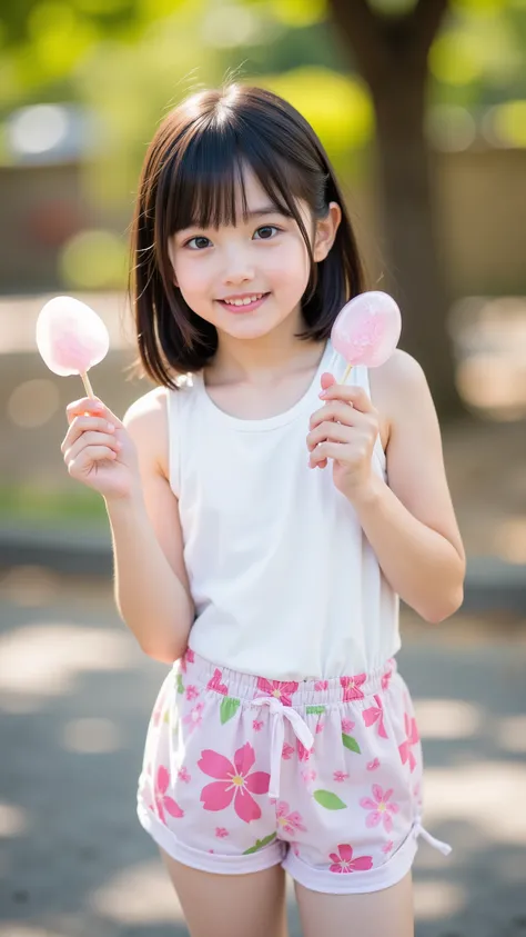 Cute Lolly,Japanese girl,hyperreal,high definition,Highest Quality,8k, Exquisite Details ,(elementary school student,short,baby face:1.3),(Tank Top,dolphin pants),staring at the viewer,depth of field,full body,5 girls in the back,playground,delicate skin,e...