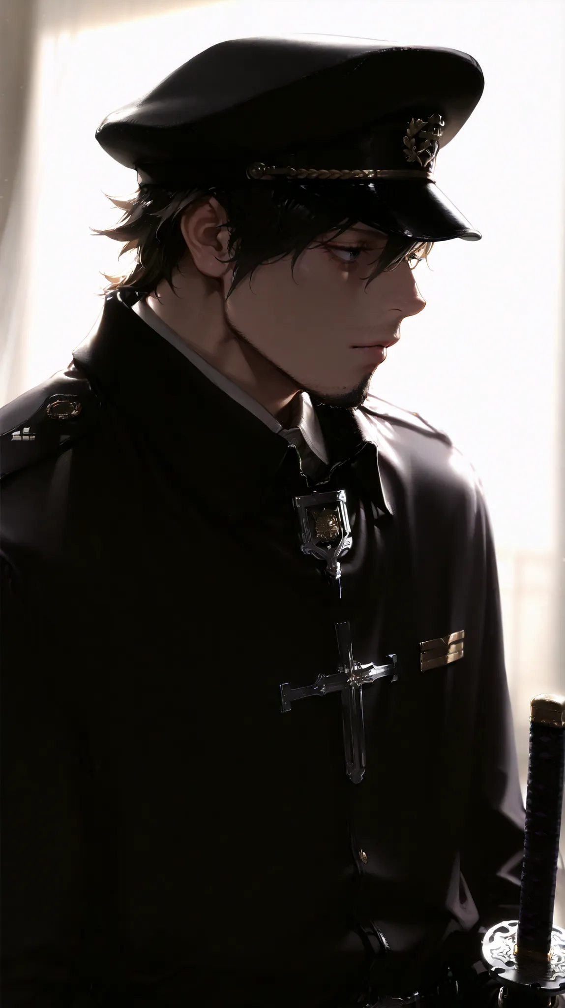 (masterpiece, Highest Quality, high image quality: 1.2), male, alone,(masterpiece, Highest Quality, Highest Quality:1.2), very detailed,most detailed ((Super Detail)), (very detailedCGイラスト), ((VERY DELICATE))、Collared Uniform 、 Japanese sword、 Simple Unif...