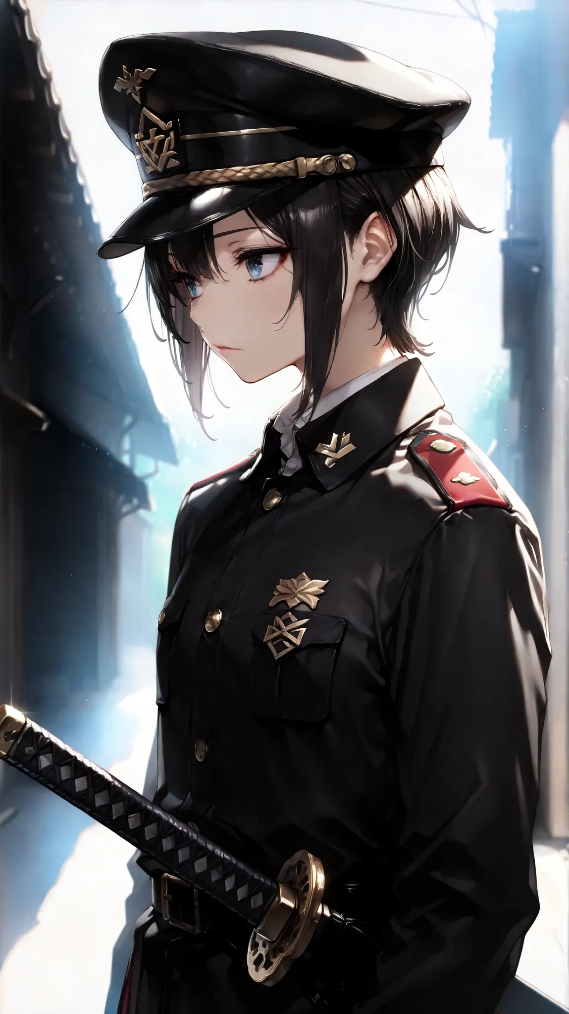(masterpiece, Highest Quality, high image quality: 1.2), male, alone,(masterpiece, Highest Quality, Highest Quality:1.2), very detailed,most detailed ((Super Detail)), (very detailedCGイラスト), ((VERY DELICATE))、Collared Uniform 、 Japanese sword、 Simple Unif...
