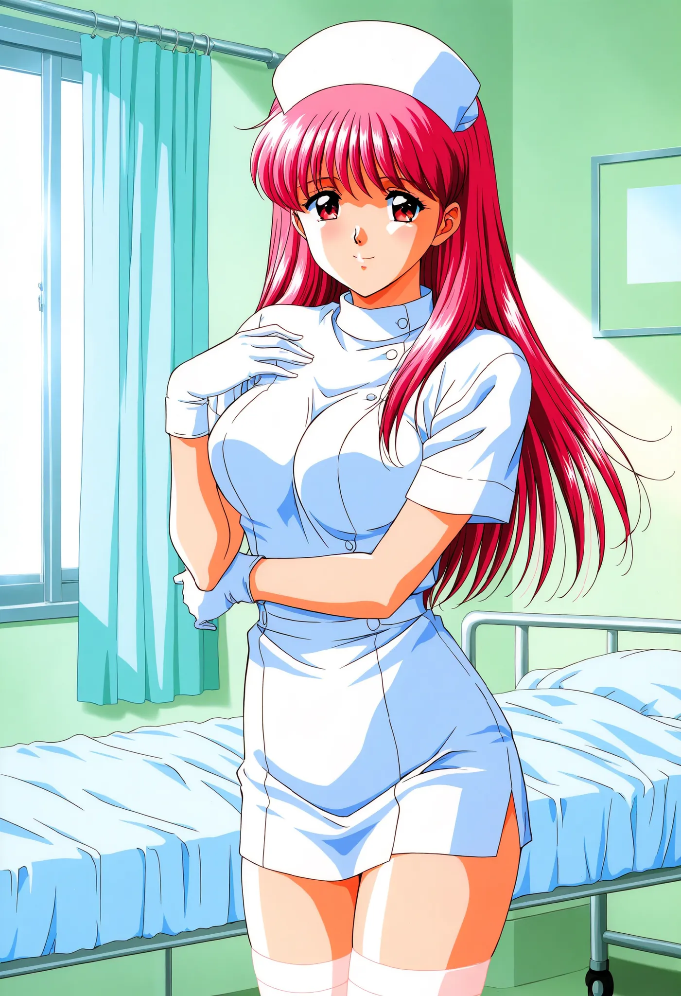 Score_9, score_8_up, score_7_up, source_anime, Fujisaki_Shiori(Tokimeki_Memorial), 1girl, solo, long hair, red hair, red eyes,pink hair, bangs, large breasts, (best quality), (high quality), {masterpiece}, extremely delicate and beautiful, ultra-detailed, ...