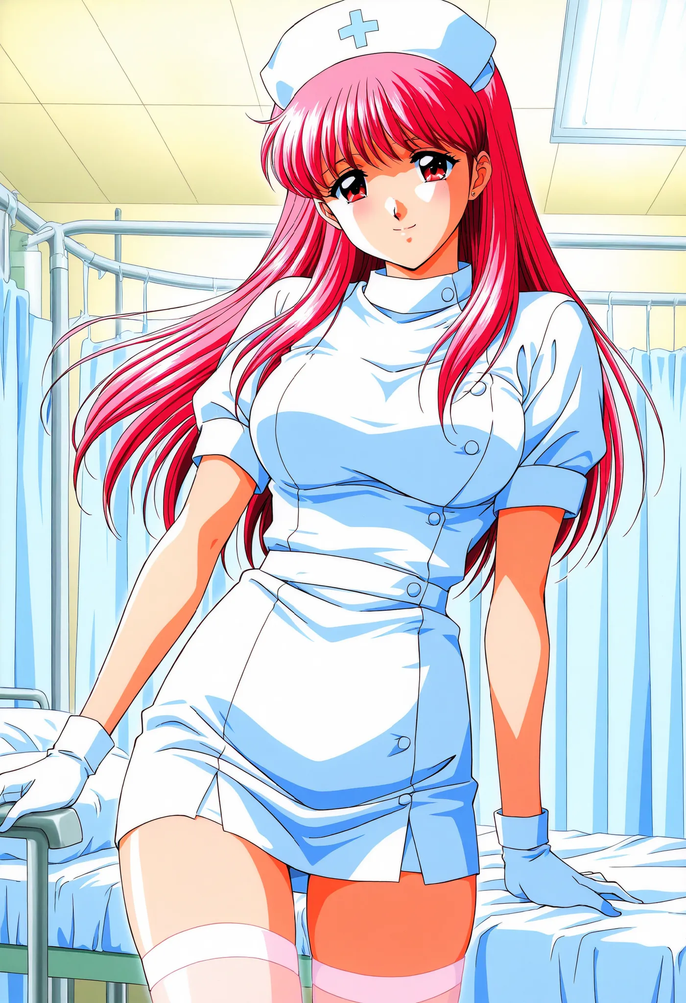 Score_9, score_8_up, score_7_up, source_anime, Fujisaki_Shiori(Tokimeki_Memorial), 1girl, solo, long hair, red hair, red eyes,pink hair, bangs, large breasts, (best quality), (high quality), {masterpiece}, extremely delicate and beautiful, ultra-detailed, ...