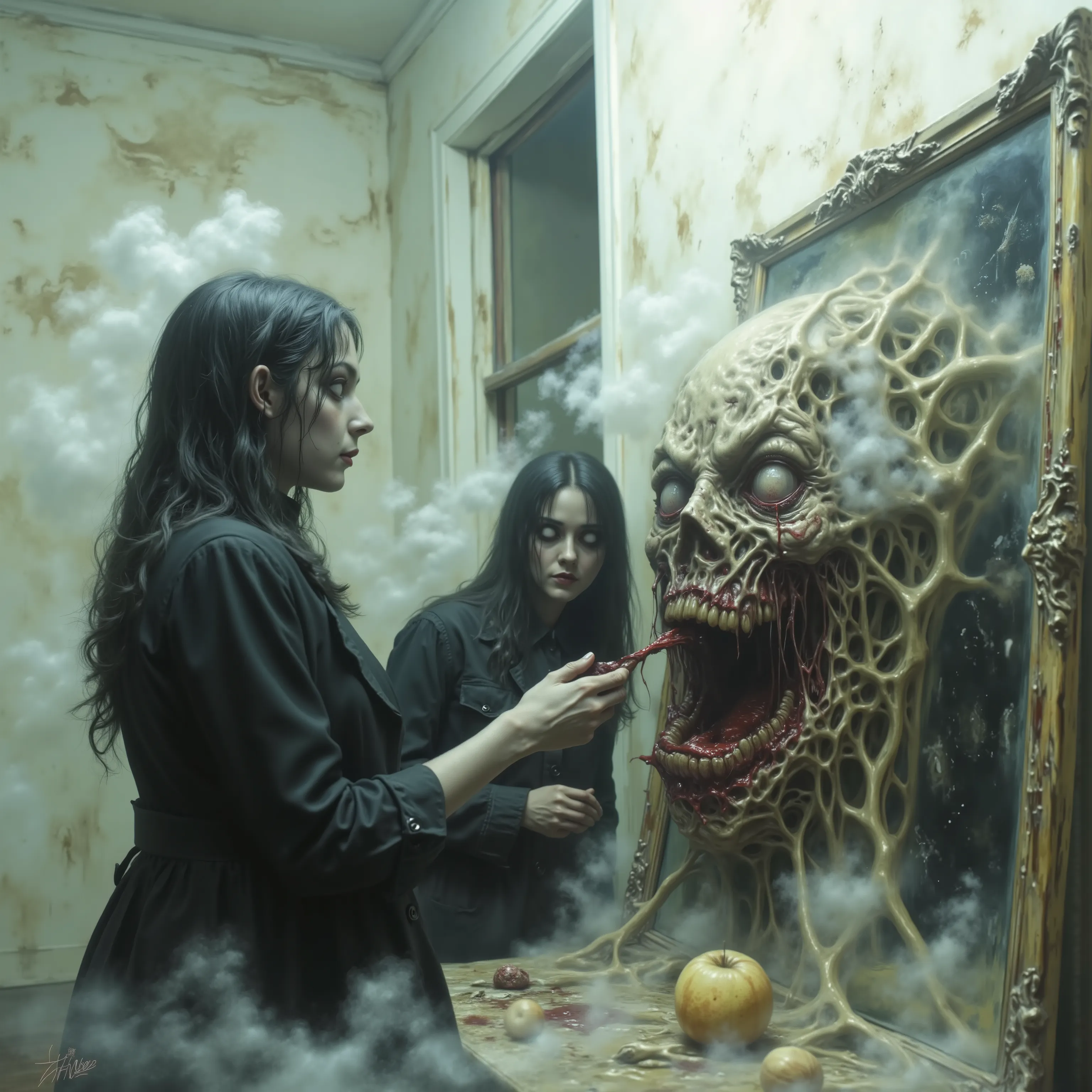 Horror, surreal art, darkside art, Unsettling,splatter, made of blood and gore, novuschroma, A beautiful young woman stands in front of a large antique mirror and sees a hideous demon looking back at her. Ultra-realistic, photo-realistic, ultra-detailed, ...