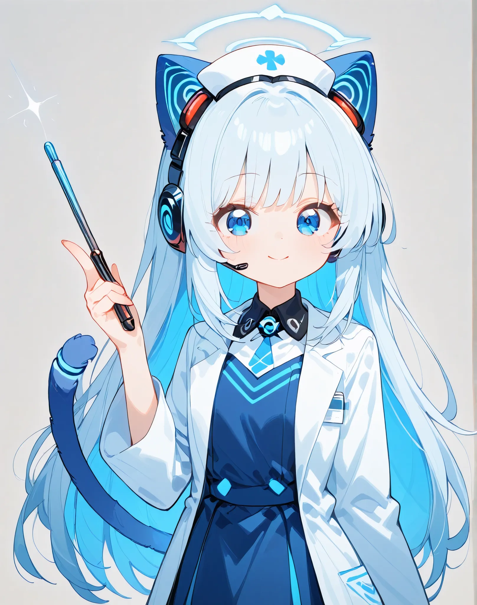 A futuristic anime-style school nurse girl without glasses. She has soft, pastel-colored semi-long hair and a kind expression. She wears a white lab coat with glowing neon blue lines and cyber-style accents. She has cat ear-shaped AI devices on her head. I...