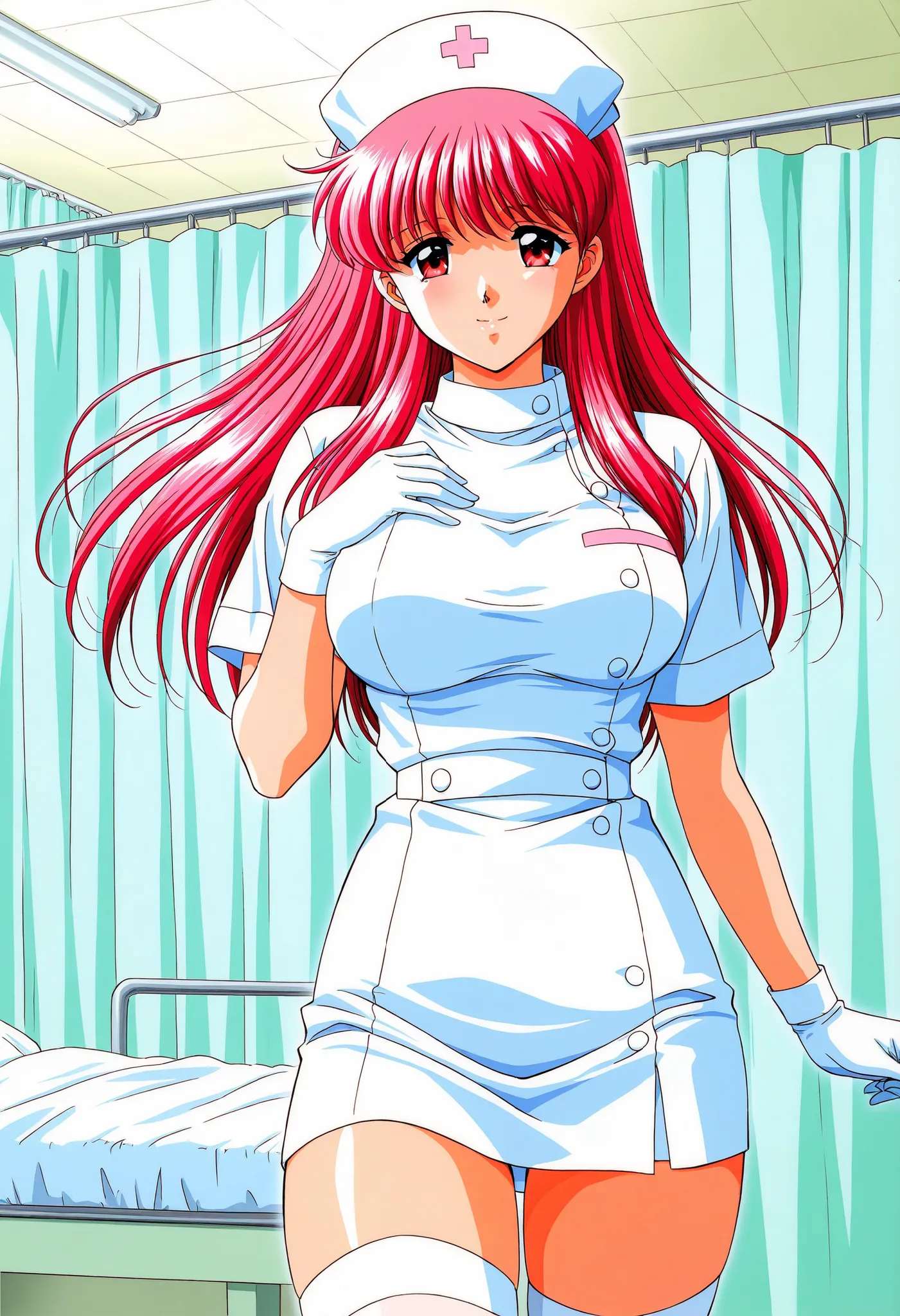 Score_9, score_8_up, score_7_up, source_anime, Fujisaki_Shiori(Tokimeki_Memorial), 1girl, solo, long hair, red hair, red eyes,pink hair, bangs, large breasts, (best quality), (high quality), {masterpiece}, extremely delicate and beautiful, ultra-detailed, ...