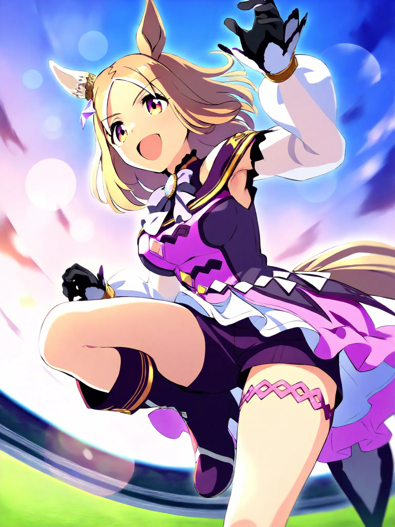 armpits,masterpiece, Highest Quality,NARITA TOP ROAD \(Uma Musume\), 1 girl, raising arms, horse ears, gloves, black shorts, black gloves, medium hair, Star Hair Ornament, purple high heel boots, purple dress, sleeveless dress, puff sleeve, Sheer Sheer ...