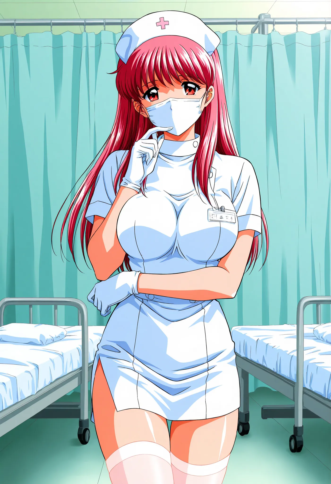 Score_9, score_8_up, score_7_up, source_anime, Fujisaki_Shiori(Tokimeki_Memorial), 1girl, solo, long hair, red hair, red eyes,pink hair, bangs, large breasts, (best quality), (high quality), {masterpiece}, extremely delicate and beautiful, ultra-detailed, ...