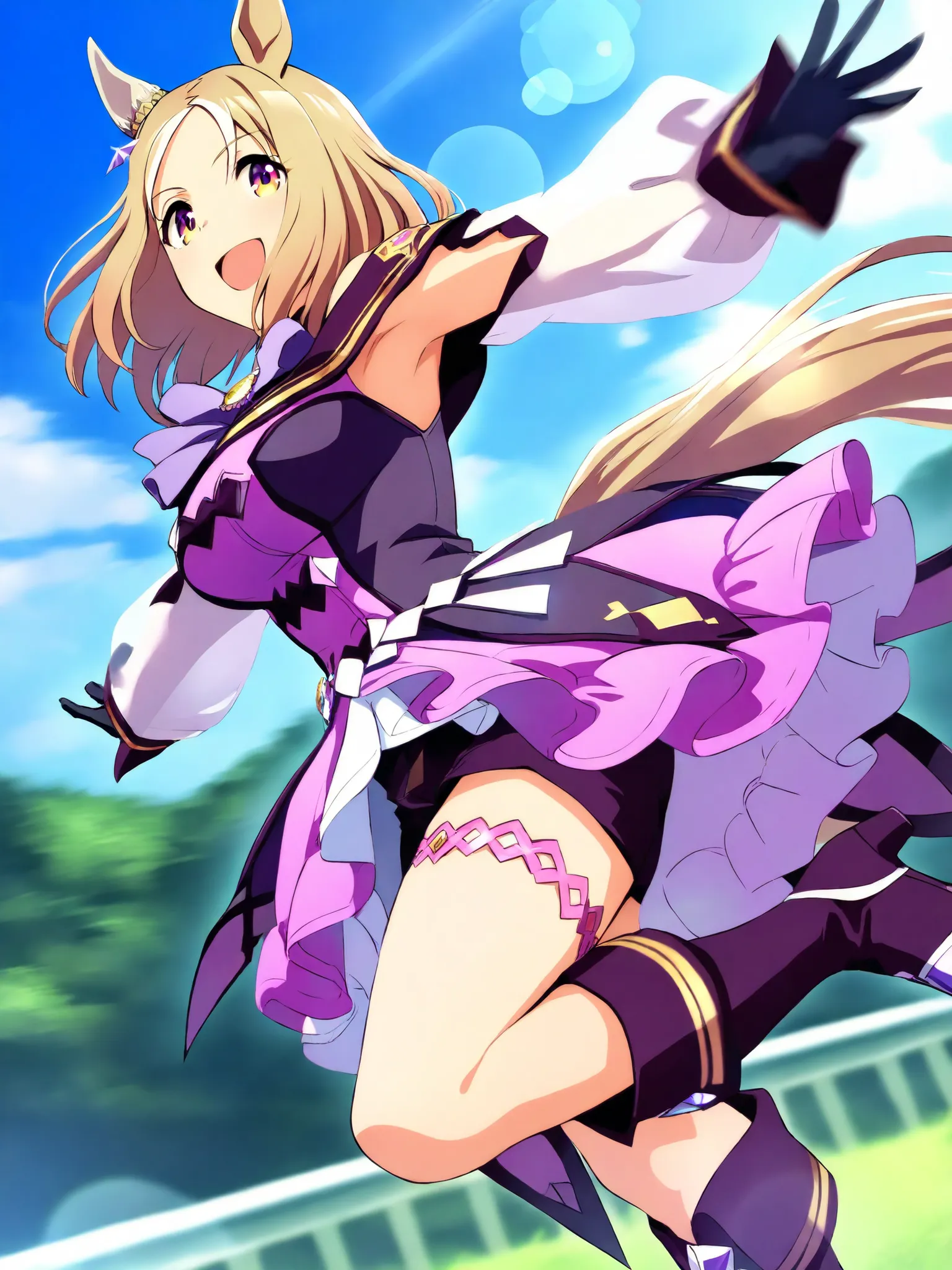 armpits,masterpiece, Highest Quality,NARITA TOP ROAD \(Uma Musume\), 1 girl, raising arms, horse ears, gloves, black shorts, black gloves, medium hair, Star Hair Ornament, purple high heel boots, purple dress, sleeveless dress, puff sleeve, Sheer Sheer ...