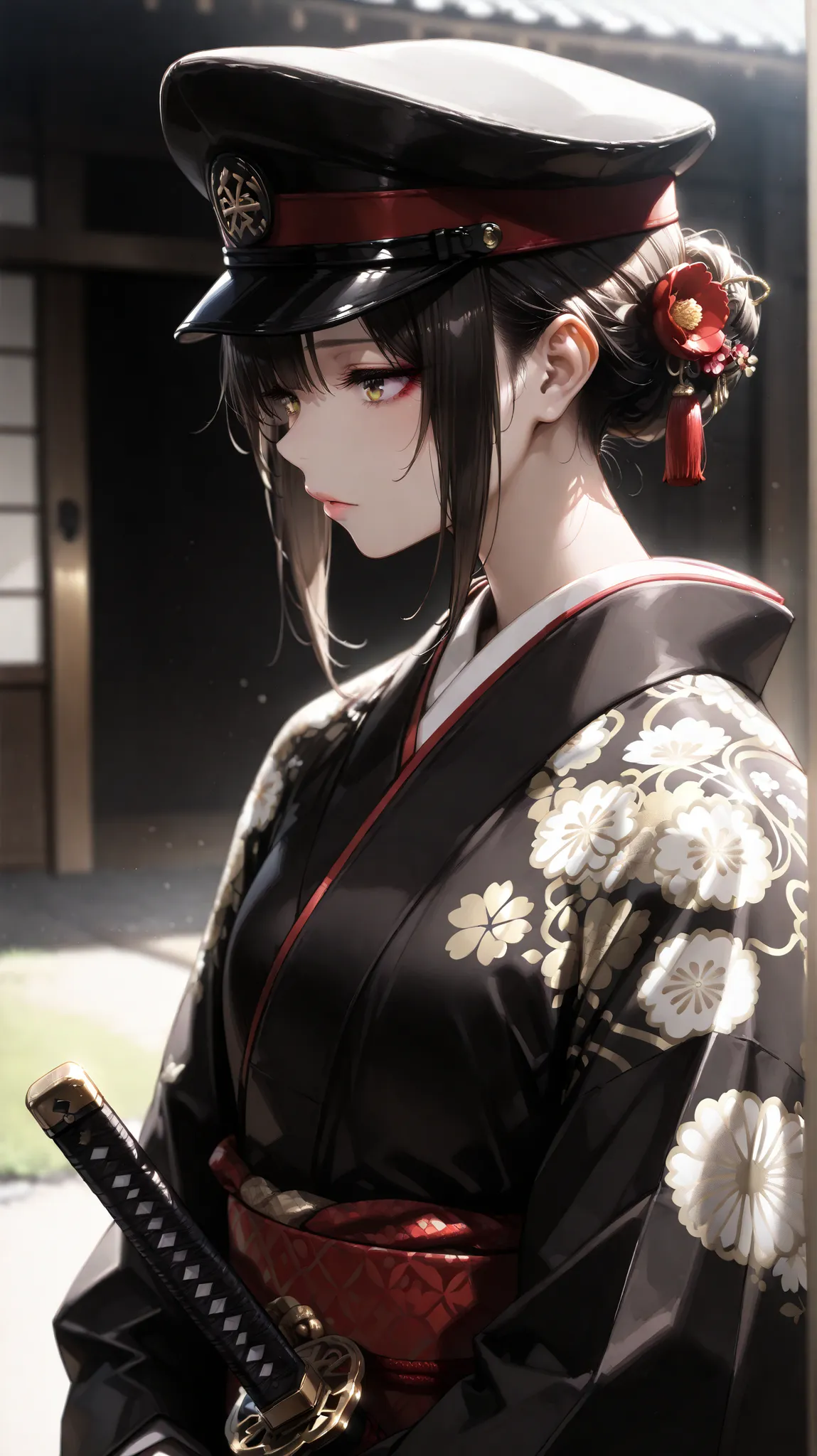 (masterpiece, Highest Quality, high image quality: 1.2), male, alone,(masterpiece, Highest Quality, Highest Quality:1.2), very detailed,most detailed ((Super Detail)), (very detailedCGイラスト), ((VERY DELICATE))、Collared Uniform 、 Japanese sword、 Simple Unif...