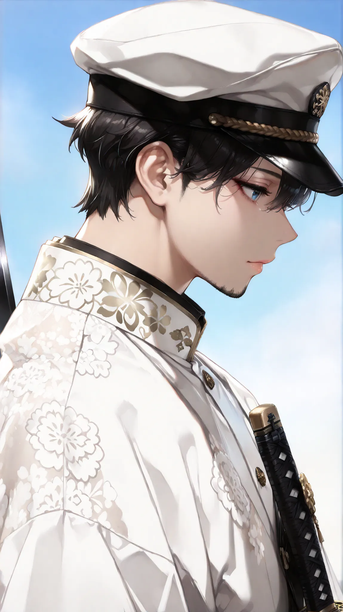 (masterpiece, Highest Quality, high image quality: 1.2), male, alone,(masterpiece, Highest Quality, Highest Quality:1.2), very detailed,most detailed ((Super Detail)), (very detailedCGイラスト), ((VERY DELICATE))、Floral Crochet Uniform、 Japanese sword、 Simple...