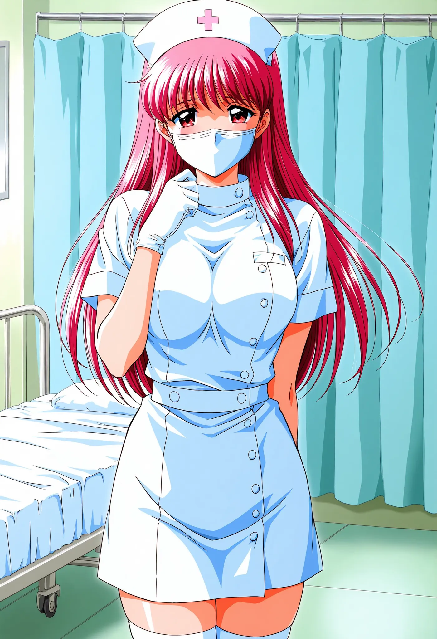 Score_9, score_8_up, score_7_up, source_anime, Fujisaki_Shiori(Tokimeki_Memorial), 1girl, solo, long hair, red hair, red eyes,pink hair, bangs, large breasts, (best quality), (high quality), {masterpiece}, extremely delicate and beautiful, ultra-detailed, ...