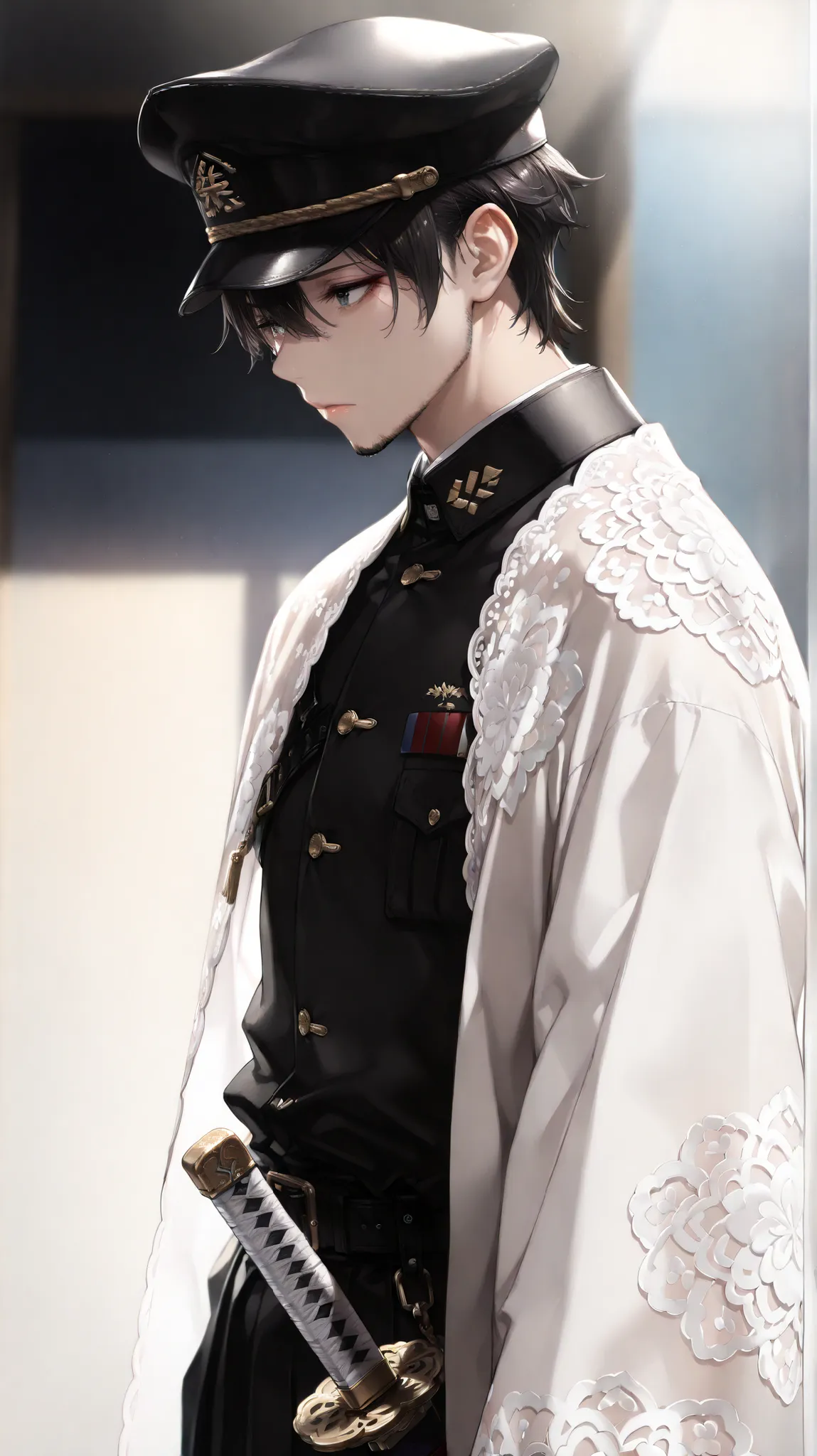 (masterpiece, Highest Quality, high image quality: 1.2), male, alone,(masterpiece, Highest Quality, Highest Quality:1.2), very detailed,most detailed ((Super Detail)), (very detailedCGイラスト), ((VERY DELICATE))、Floral Crochet Uniform、 Japanese sword、 Simple...