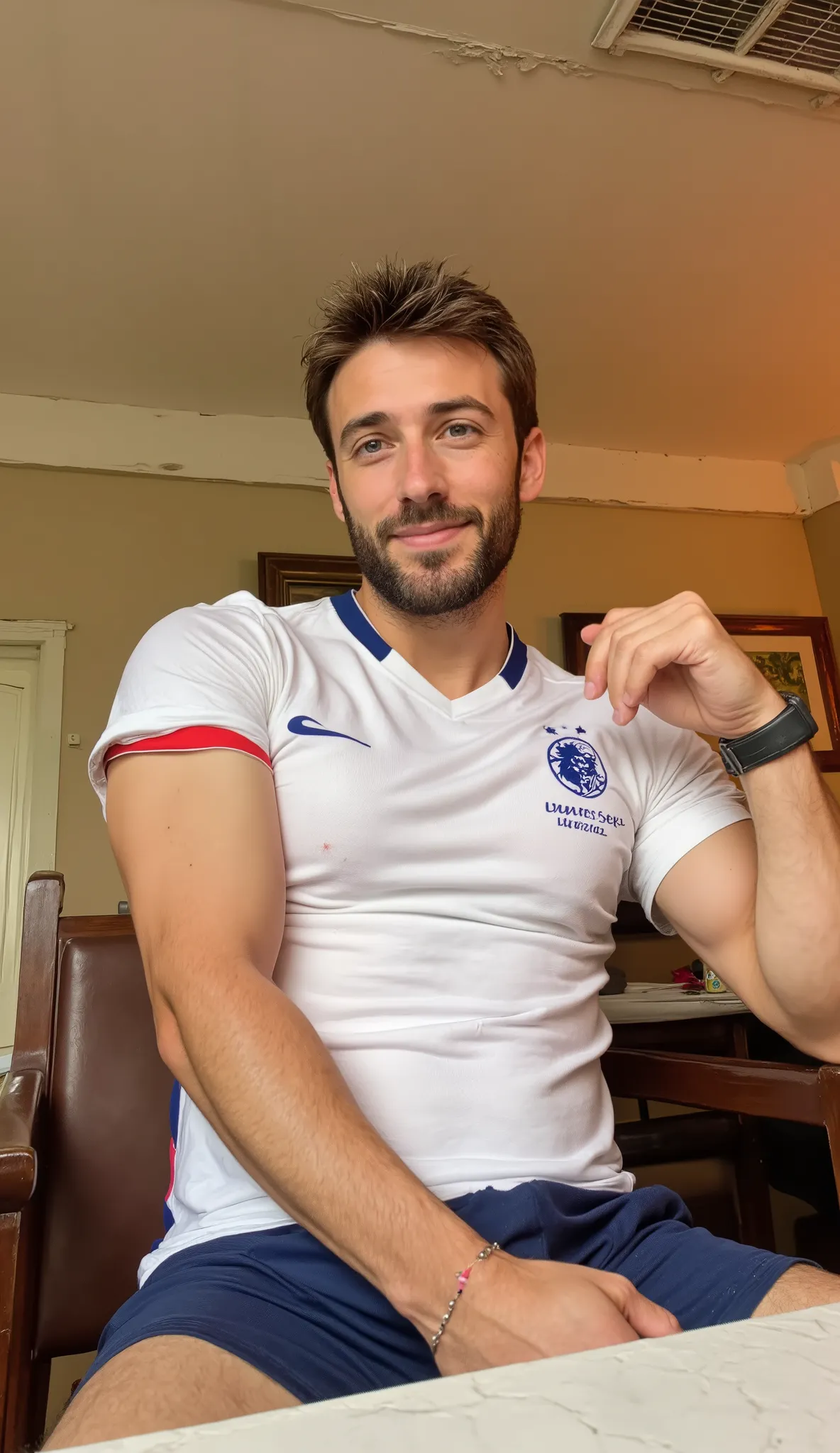  man , Sensual, high, moreno,  athletic  , skinny defined jaw, Straight Nose,   penetrating blue eyes  ,     short brown hair ,  Looks like it's Chris Evans , well-groomed beard ,  mature and airy face ,  full body ,  realistic image ,  High resolution , U...