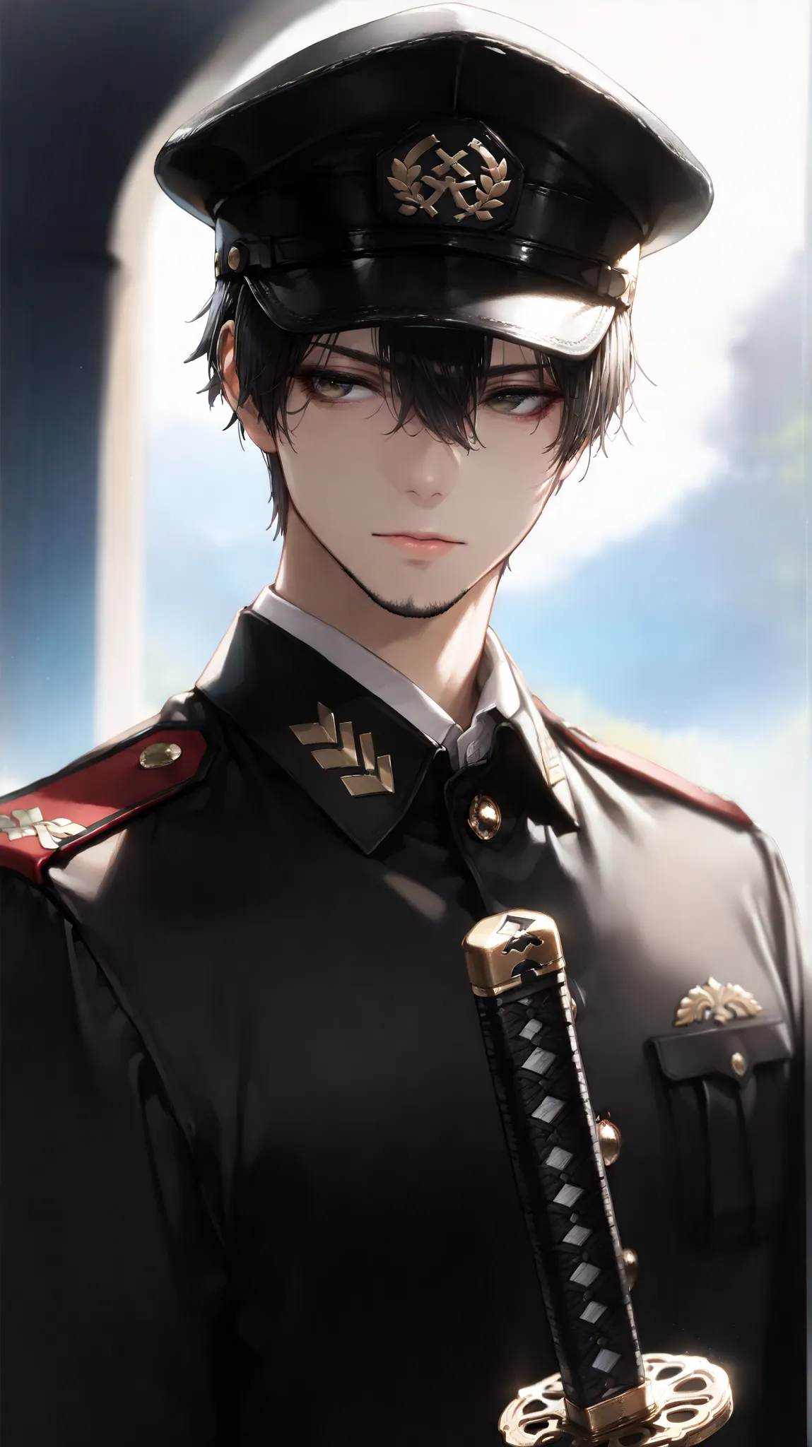 (masterpiece, Highest Quality, high image quality: 1.2), male, alone,(masterpiece, Highest Quality, Highest Quality:1.2), very detailed,most detailed ((Super Detail)), (very detailedCGイラスト), ((VERY DELICATE))、Collared Uniform 、 Japanese sword、 Simple Unif...