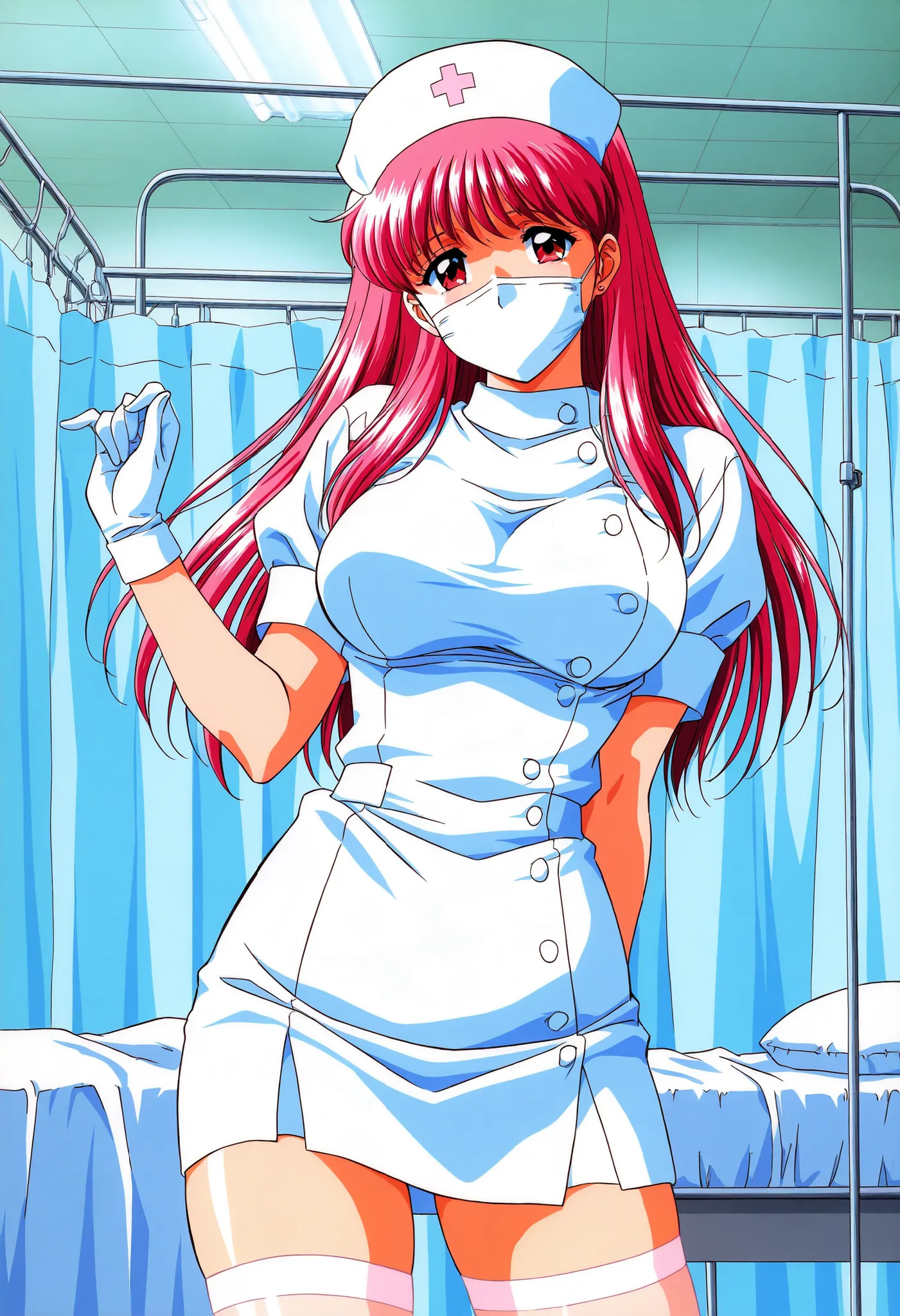 Score_9, score_8_up, score_7_up, source_anime, Fujisaki_Shiori(Tokimeki_Memorial), 1girl, solo, long hair, red hair, red eyes,pink hair, bangs, large breasts, (best quality), (high quality), {masterpiece}, extremely delicate and beautiful, ultra-detailed, ...