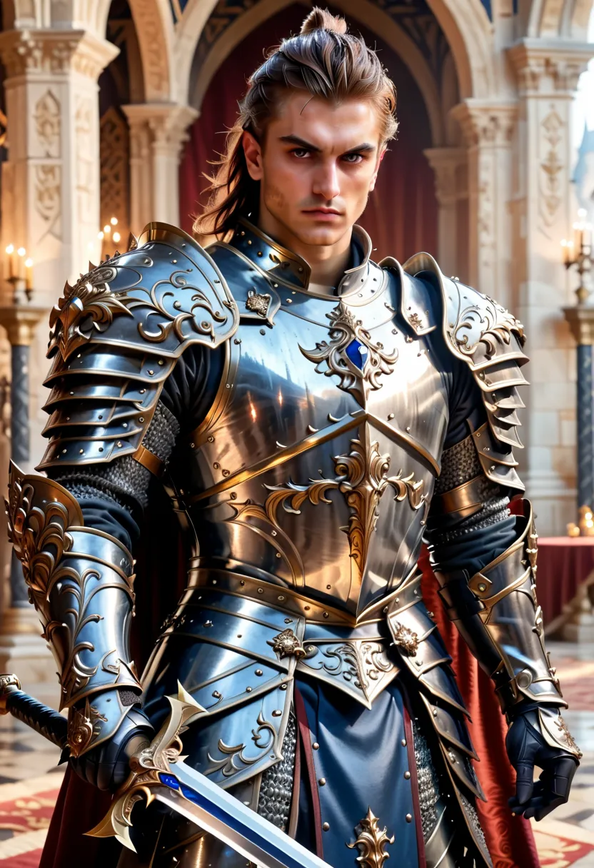 (Surrealism, retina, accurate, anatomically correct, masterpiece, super detail, best quality, 8k, super detail, extremely precise in every detail, beautiful detailed glow, beautiful attention to detail, beautiful detailed eyes), a young male paladin is sta...