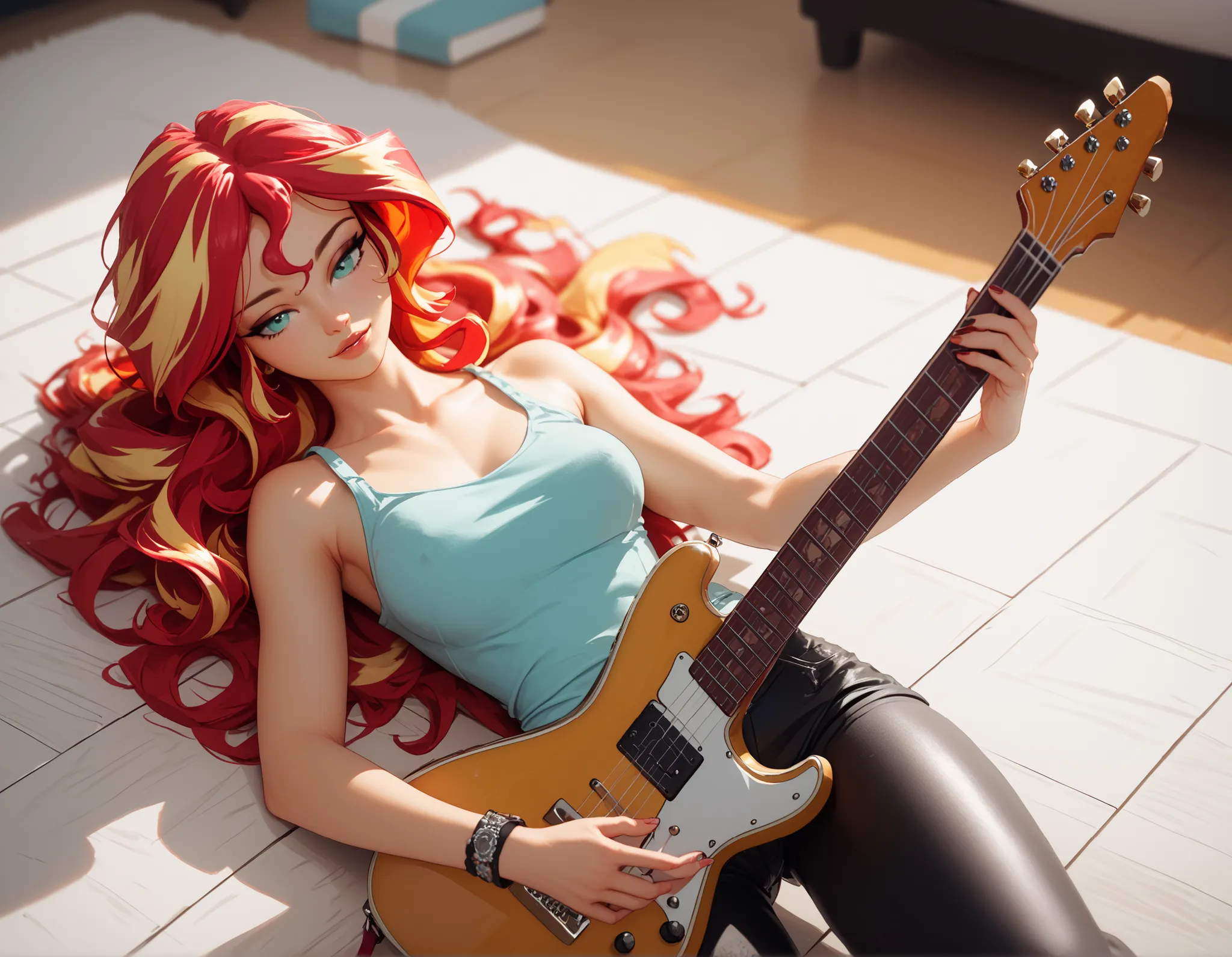 Sunset shimmer, laying on the floor, a guitar covering her body, bedroom eyes, very detailed, masterpiece, view from above looking down