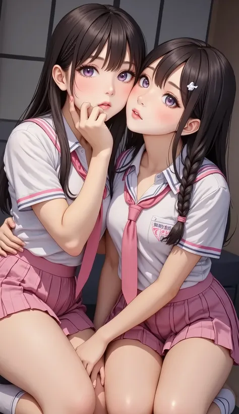 ((My face is wet with milk))、Background Bedroom、((On all fours))(Open mouth climax face)、Braided Hair、Cute face drawing、Realistically、(Two 29-year-old women embracing each other, cleavage emphasized)、Wearing a ((hoop earrings, college girl (Purple straight...