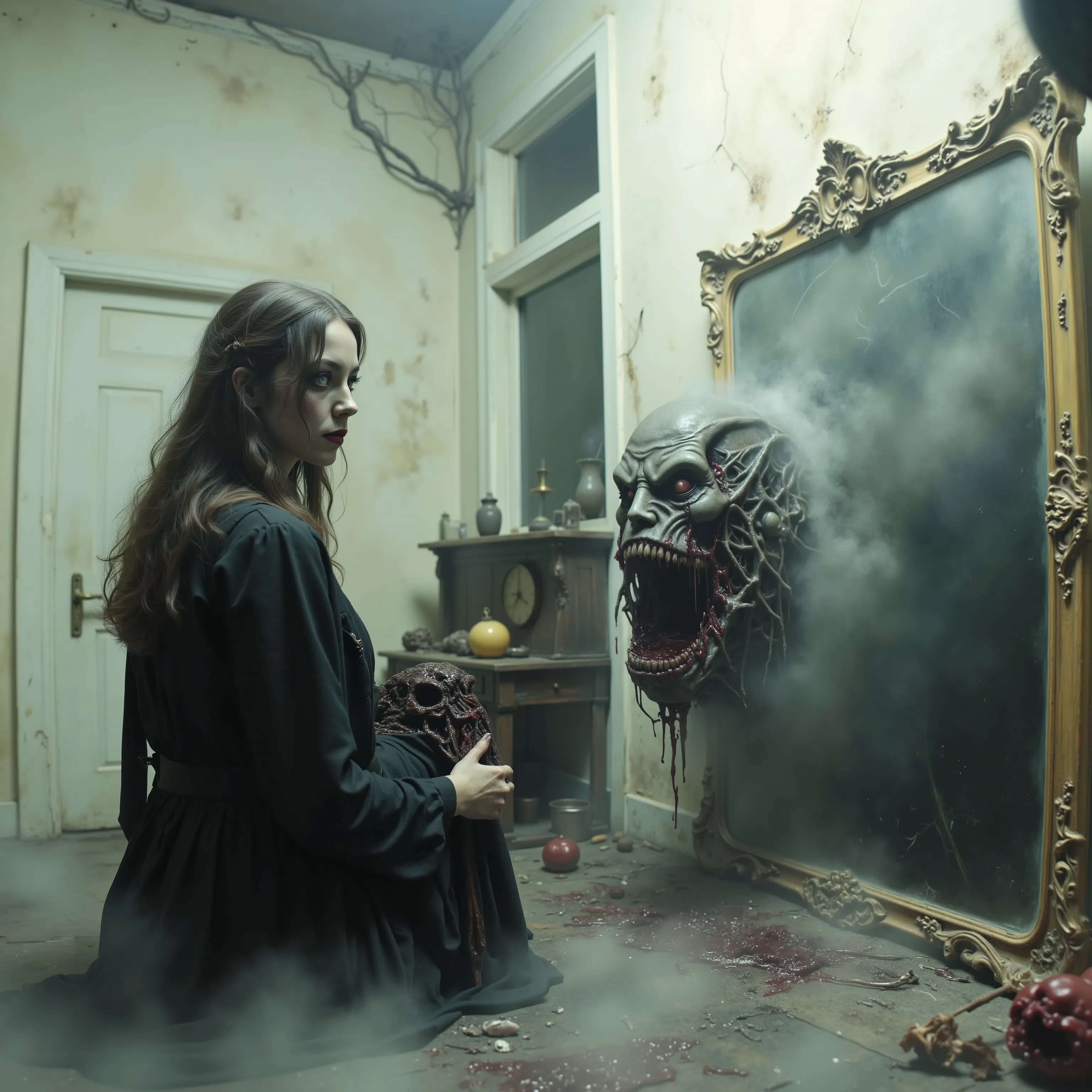 Horror, surreal art, darkside art, Unsettling,splatter, made of blood and gore, novuschroma, A beautiful young woman stands in front of a large antique mirror and sees a hideous demon looking back at her. Ultra-realistic, photo-realistic, ultra-detailed, ...