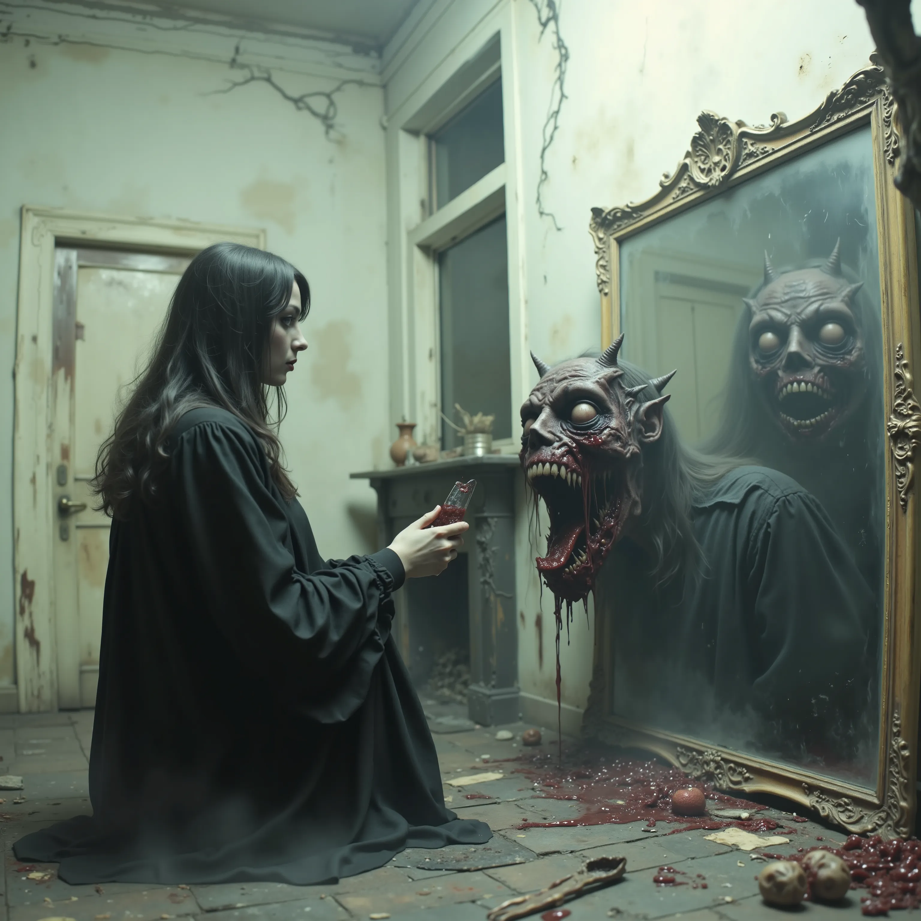 Horror, surreal art, darkside art, Unsettling,splatter, made of blood and gore, novuschroma, A beautiful young woman stands in front of a large antique mirror and sees a hideous demon looking back at her. Ultra-realistic, photo-realistic, ultra-detailed, ...
