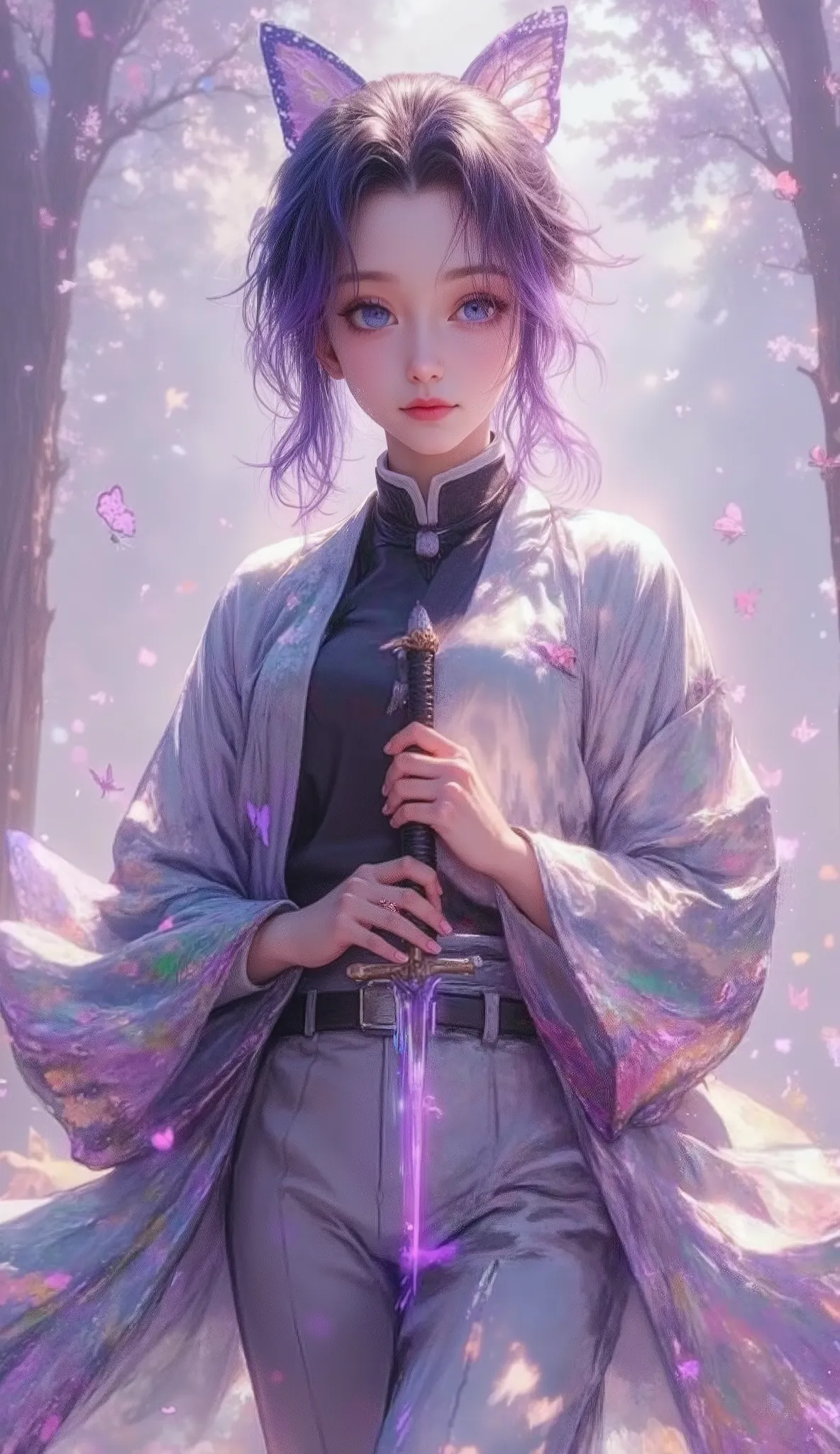 Shinobu Kocho: The Insect Hashira’s butterfly motifs come to life, fluttering softly around her. Her delicate, poison-tipped blade glimmers with a mesmerizing violet hue.