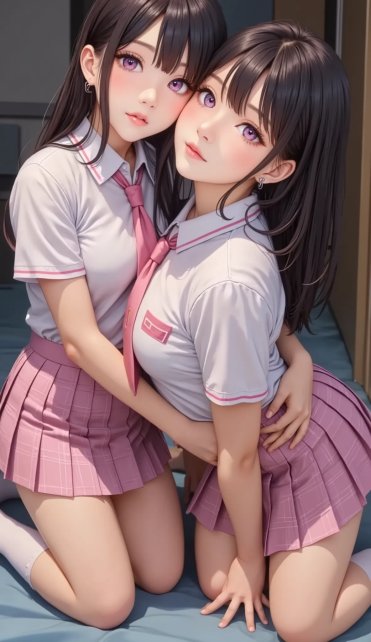 ((My face is wet with milk))、Background Bedroom、((On all fours))(Open mouth climax face)、Braided Hair、Cute face drawing、Realistically、(Two 29-year-old women embracing each other, cleavage emphasized)、Wearing a ((hoop earrings, college girl (Purple straight...