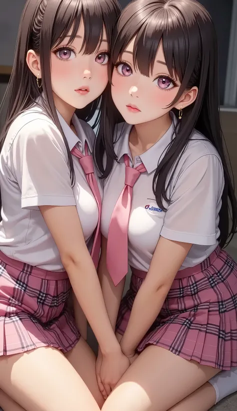 ((My face is wet with milk))、Background Bedroom、((On all fours))(Open mouth climax face)、Braided Hair、Cute face drawing、Realistically、(Two 29-year-old women embracing each other, cleavage emphasized)、Wearing a ((hoop earrings, college girl (Purple straight...