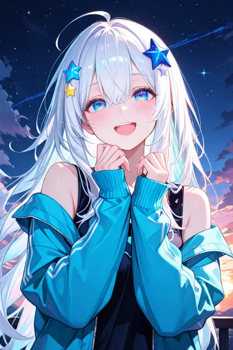 masterpiece, best quality, amazing quality, 1girl, solo, sky, outdoors, long_hair, blue_eyes, smile, star_(sky), bangs, hair_ornament, star_(symbol), starry_sky, open_mouth, looking_at_viewer, cloud, hair_between_eyes, white_hair, :d, blush, long_sleeves, night, off_shoulder, star_hair_ornament, jacket, ahoge, open_clothes, sleeves_past_wrists, open_jacket, night_sky, upper_body, sunset, hands_up, shirt, very_long_hair, cloudy_sky