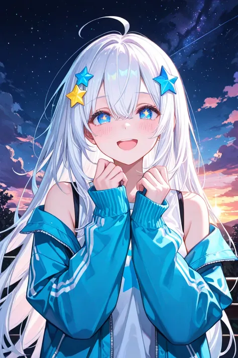 masterpiece, best quality, amazing quality, 1girl, solo, sky, outdoors, long_hair, blue_eyes, smile, star_(sky), bangs, hair_ornament, star_(symbol), starry_sky, open_mouth, looking_at_viewer, cloud, hair_between_eyes, white_hair, :d, blush, long_sleeves, night, off_shoulder, star_hair_ornament, jacket, ahoge, open_clothes, sleeves_past_wrists, open_jacket, night_sky, upper_body, sunset, hands_up, shirt, very_long_hair, cloudy_sky