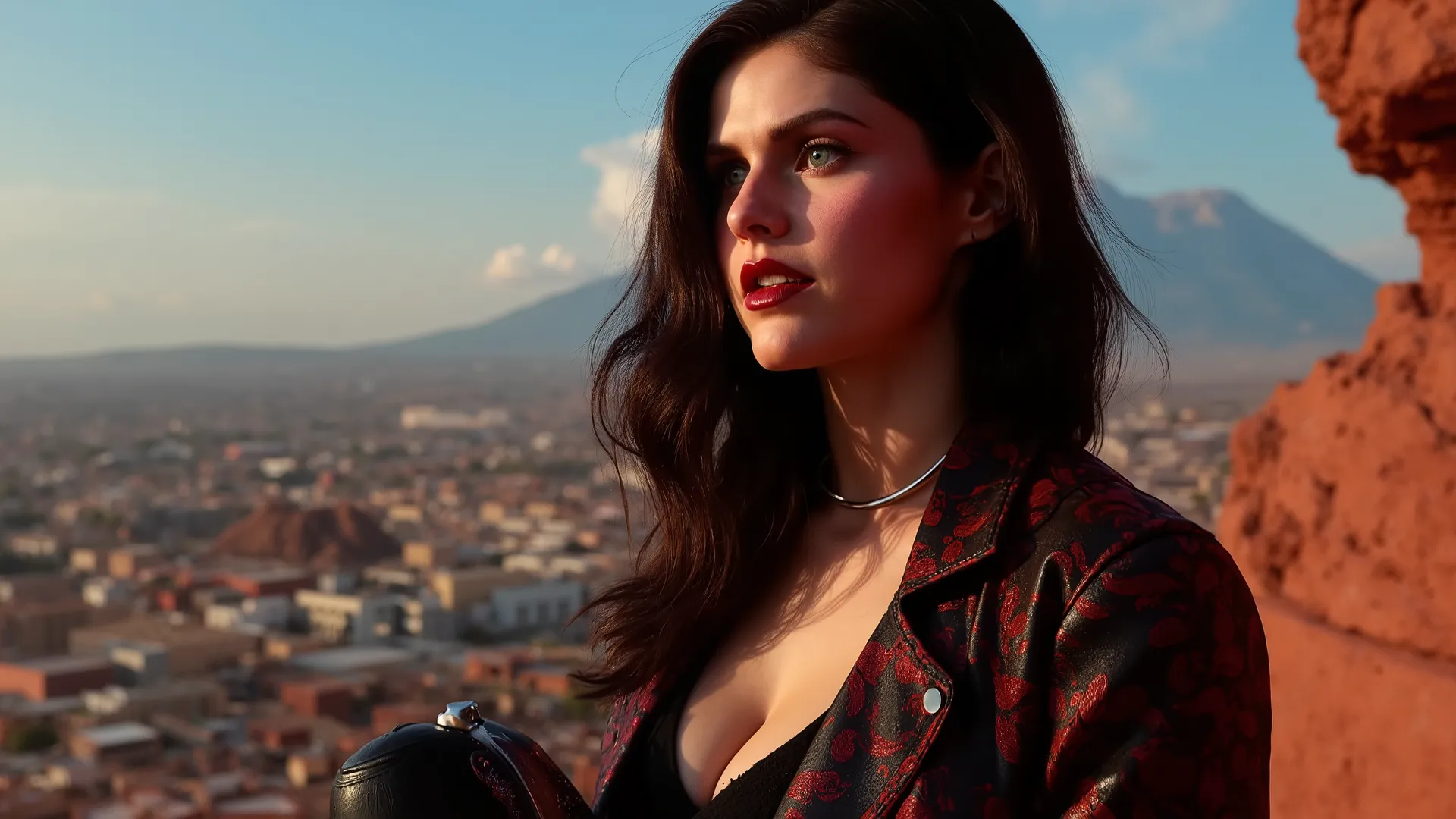 beautiful and hot BloodRayne woman with make-up, in modern sexy clothes, in random places, random world places