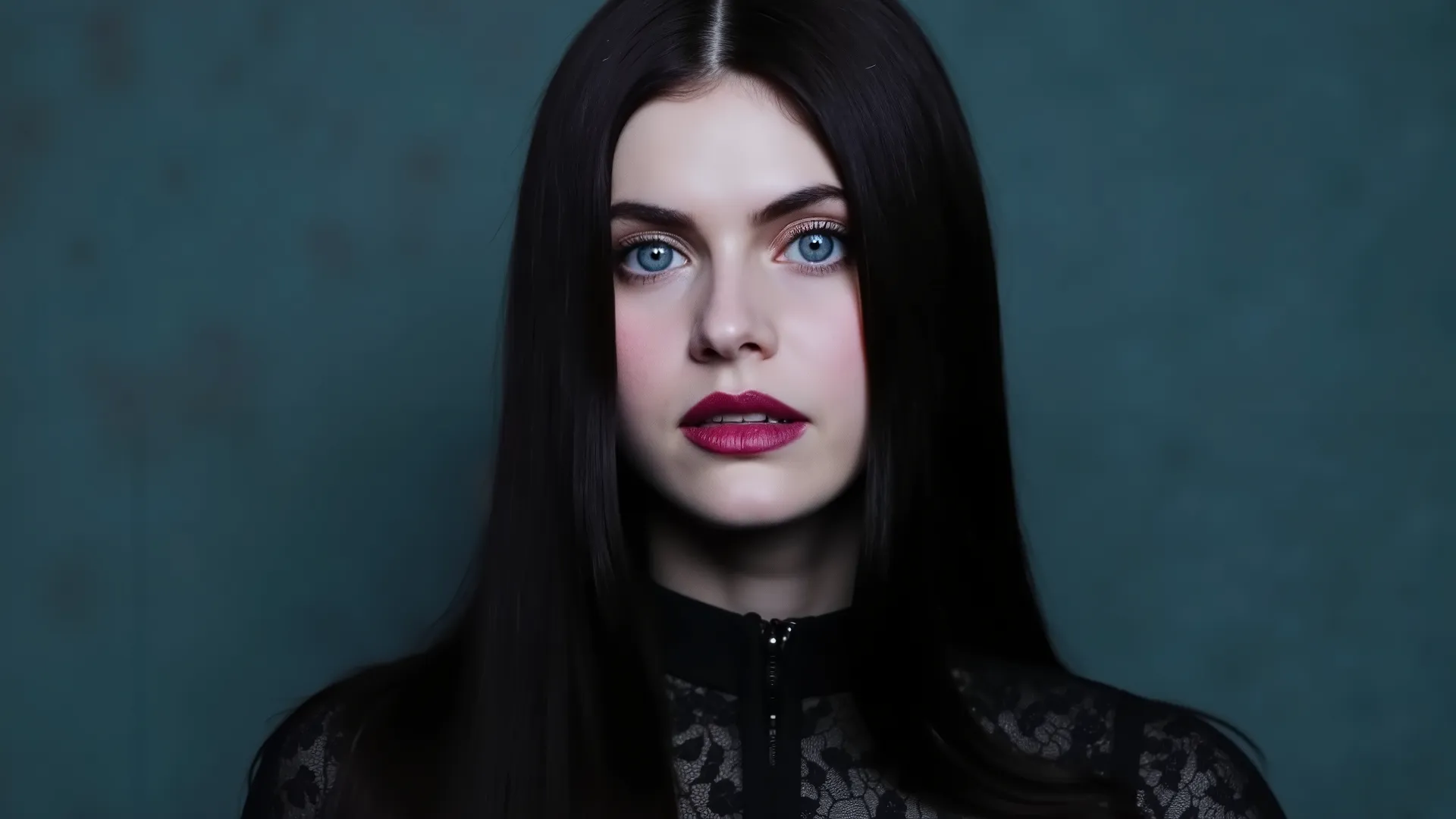 Portrait of a young goth woman with long, straight black hair, fair skin, and deep blue eyes. Her strawberry-colored lips and delicate expression stand out against a cool-toned, softly lit background. She wears a dark lace outfit with elegant details, capt...