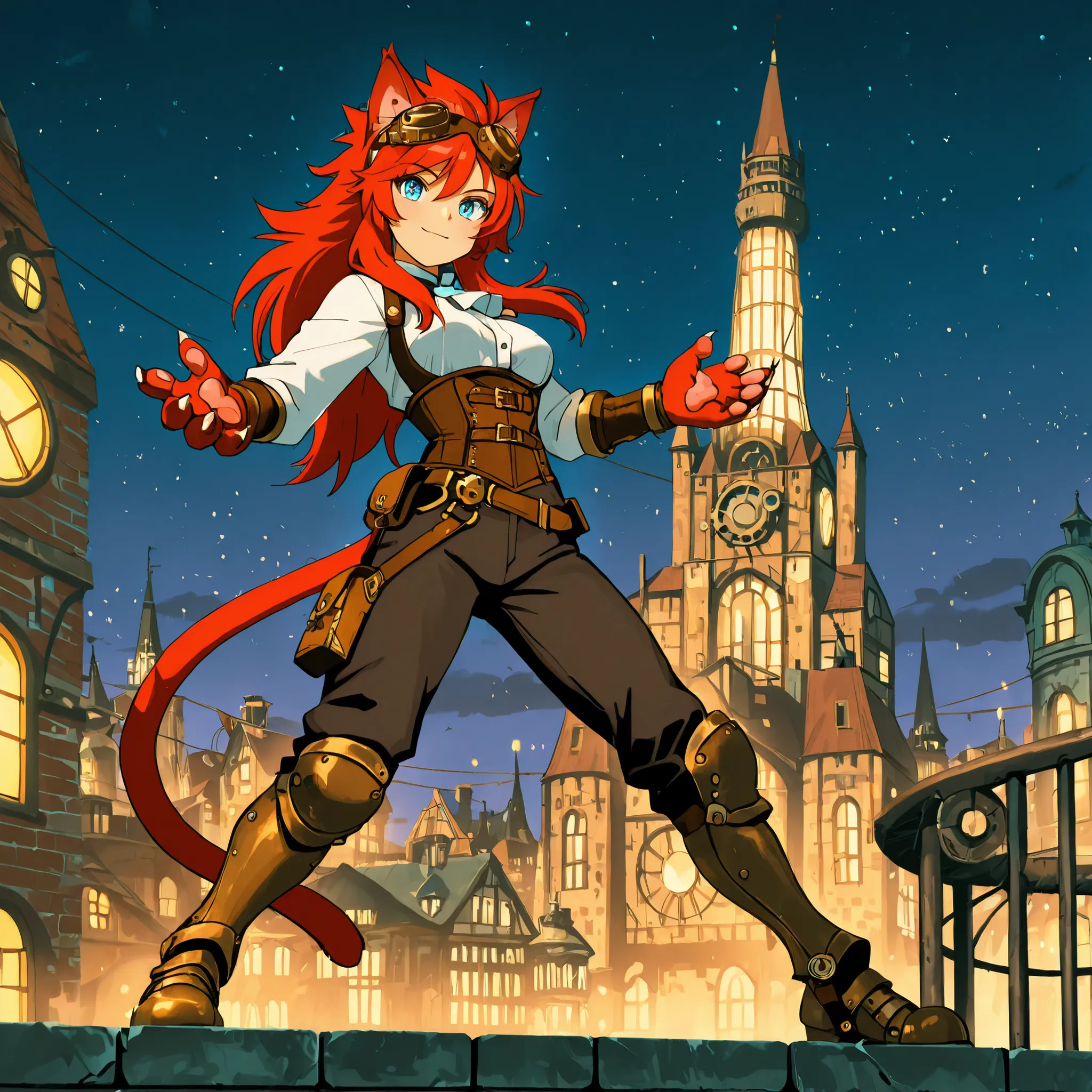 best quality, masterpiece, 2d, intricate details, anime, anime style, full body picture, catgirl, 1girl, red hair, spiked hair, blue eyes, enchanting eyes, wild hair, long hair, small smile, animal ears, red ears, red cat tail, cat ears, thighs, red hand p...