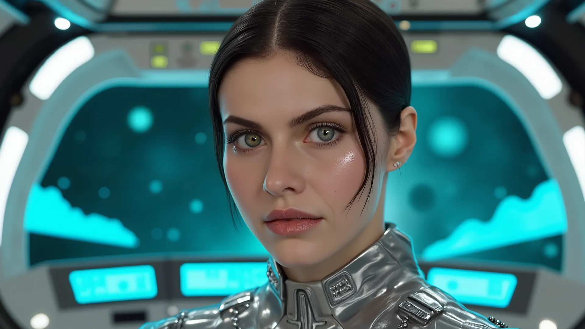 A breathtakingly lifelike female android stands aboard an alien starship's command deck, her obsidian-black hair floating slightly in artificial gravity. Her flawless synthetic skin—pale with subtle titanium undertones—reflects the bridge's holographic glo...