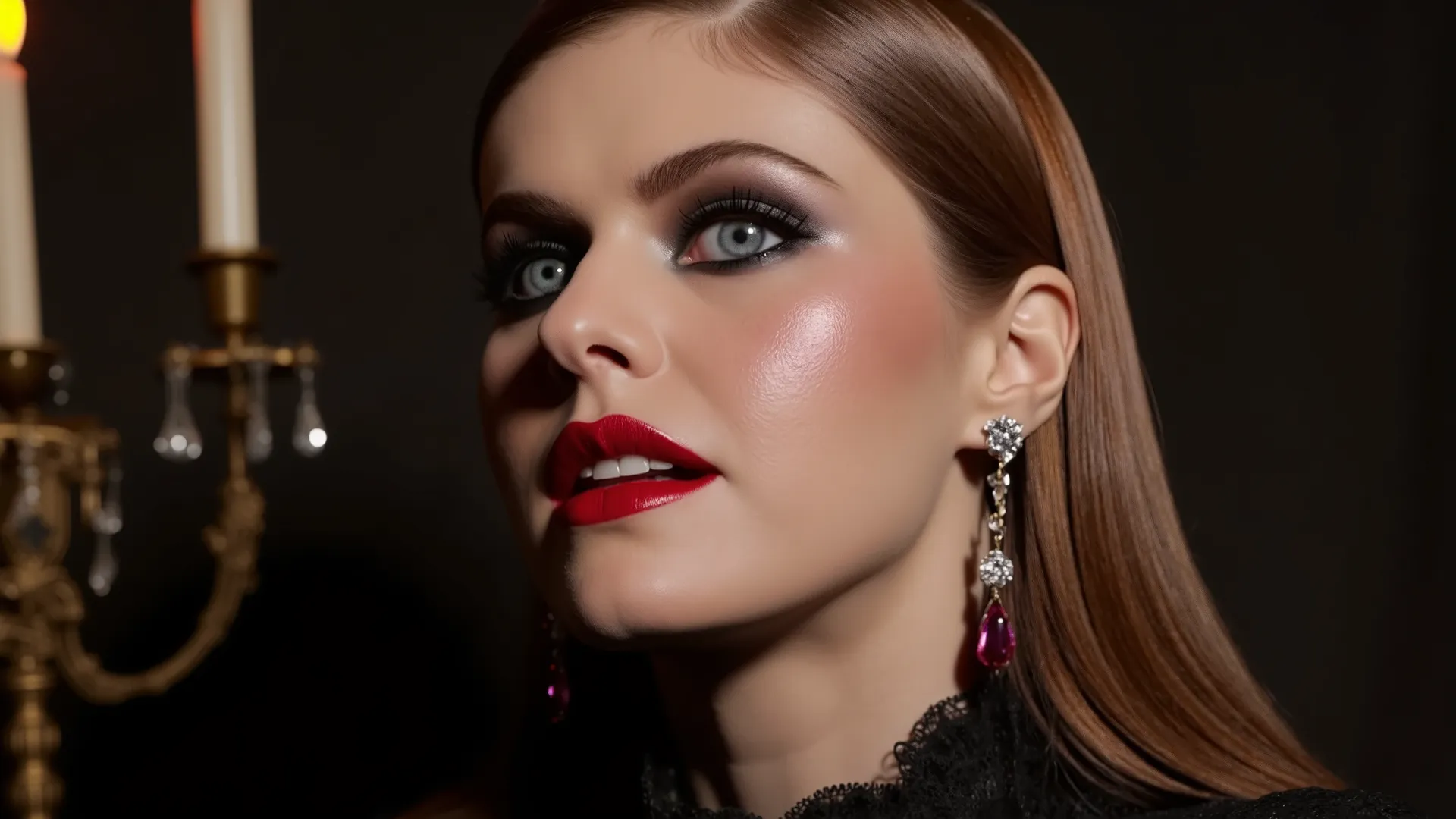 `Ultra-realistic portrait of a Vampire Queen, Dark Blonde Femme Fatale, 30 years old. Hyper-detailed close-up:Facial Features:Porcelain skin with ethereal luminescencePiercing eyes with smoky black and crimson eyeshadowMassive, razor-sharp vampire fangs (1...