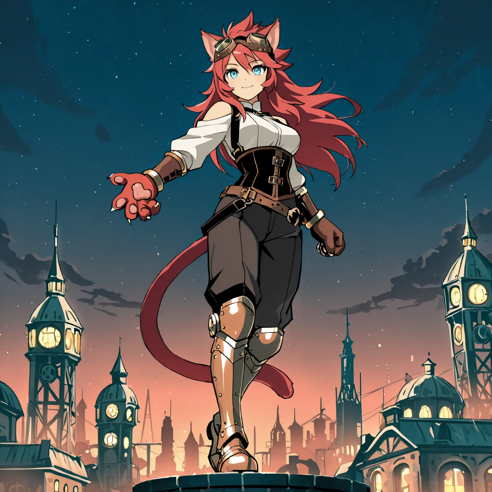 best quality, masterpiece, 2d, intricate details, anime, anime style, full body picture, catgirl, 1girl, red hair, spiked hair, blue eyes, enchanting eyes, wild hair, long hair, small smile, animal ears, red ears, red cat tail, cat ears, thighs, red hand p...