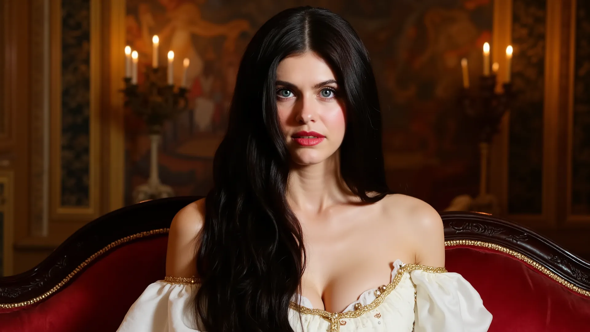 In a dimly lit, opulent medieval setting, a regal young lady with long, flowing black curls rests on a sumptuous couch, exuding grace and charm. She wears an ethereal white gown with golden accents, echoing the styles of ancient Greece and Rome. The surrou...