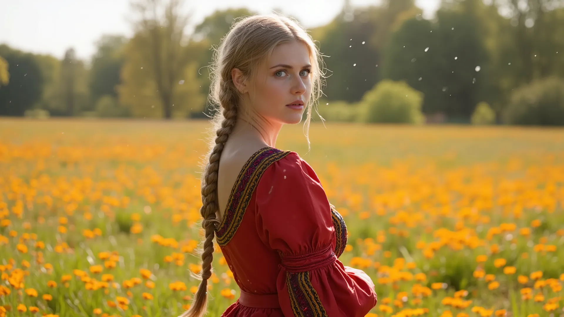 In a sun-drenched field, vibrant wildflowers dance in the gentle breeze, their colors softly blurred by the bokeh effect that surrounds the scene. A striking young woman stands at the forefront, her golden blonde hair cascading in a long, intricate braid t...