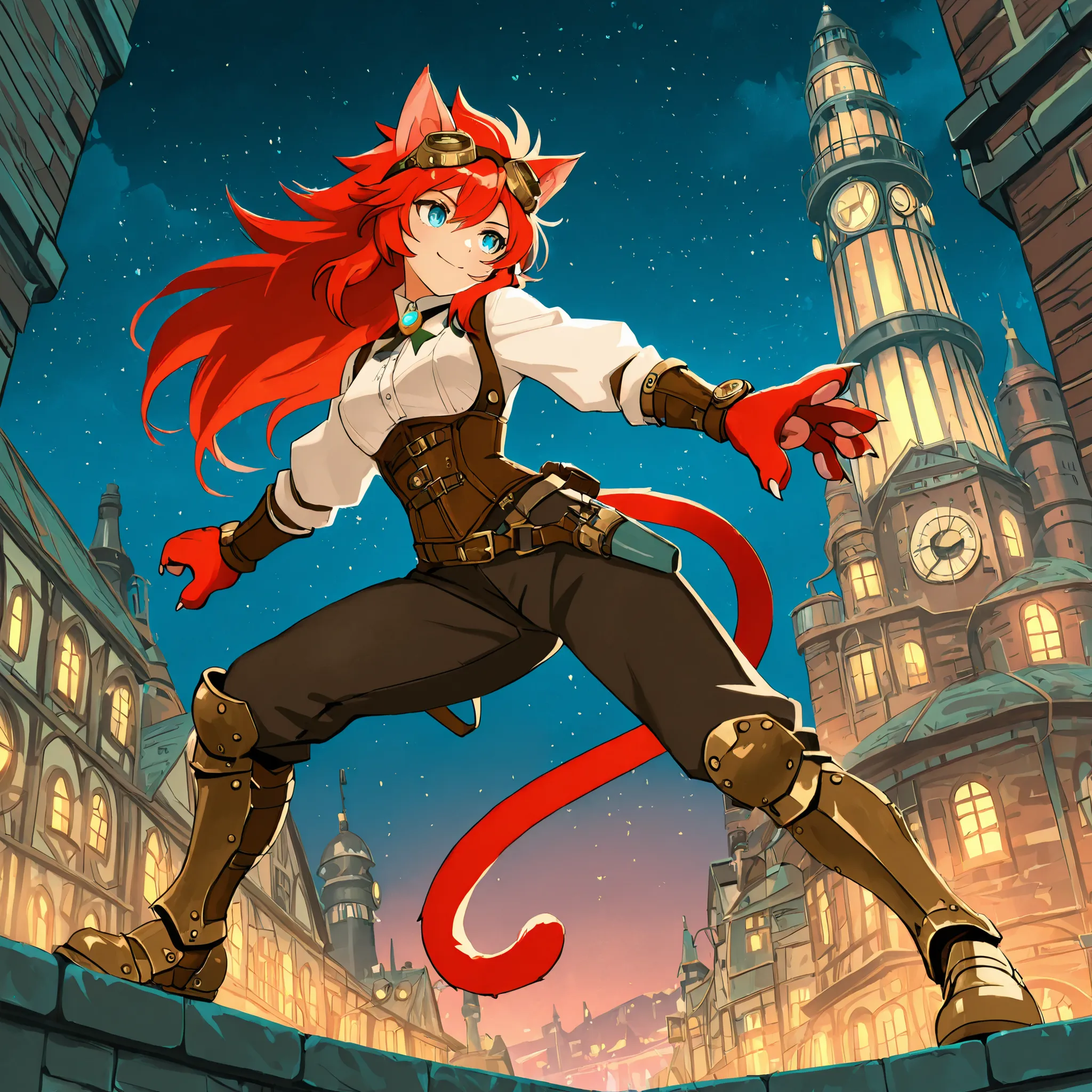 best quality, masterpiece, 2d, intricate details, anime, anime style, full body picture, catgirl, 1girl, red hair, spiked hair, blue eyes, enchanting eyes, wild hair, long hair, small smile, animal ears, red ears, red cat tail, cat ears, thighs, red hand p...