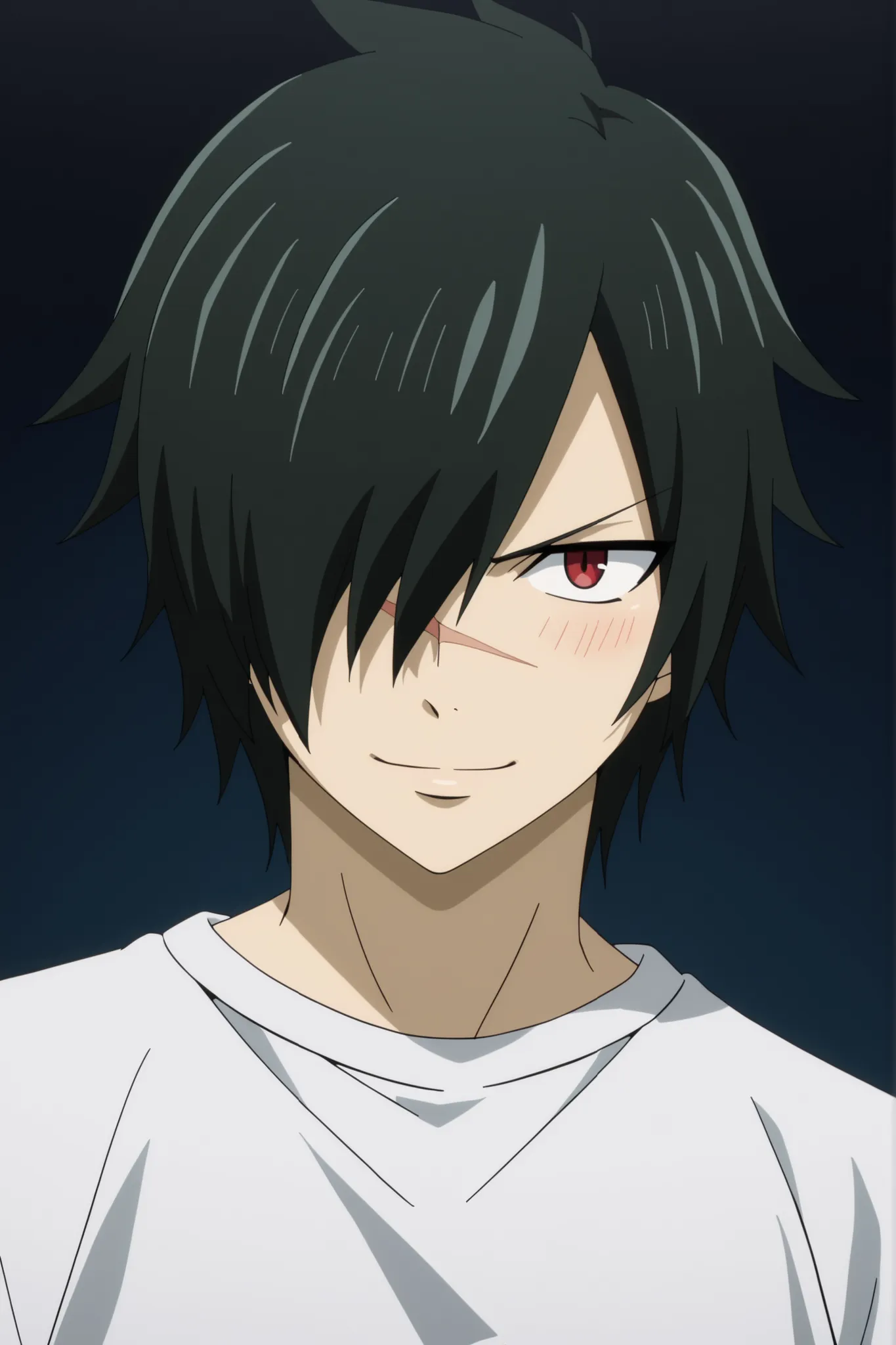 rogue_cheney, black hair, red eyes, hair over one eye, scar tattoo close-up, official style, anime screencap, 8K, extremely detailed, 1boy, solo, looking at viewer, black background , shadow , dynamic angle , dynamic action , atmospheric perspective , intr...