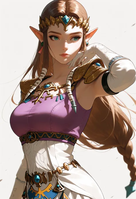 masterpiece, best quality, vibrant, very aesthetic, high contrast, semrealistic, newest,  
1girl, solo, long hair, large breasts, simple background, blue eyes, brown hair, lips, nose, perfect eyes, princess zelda, posing, white skirt, purple top