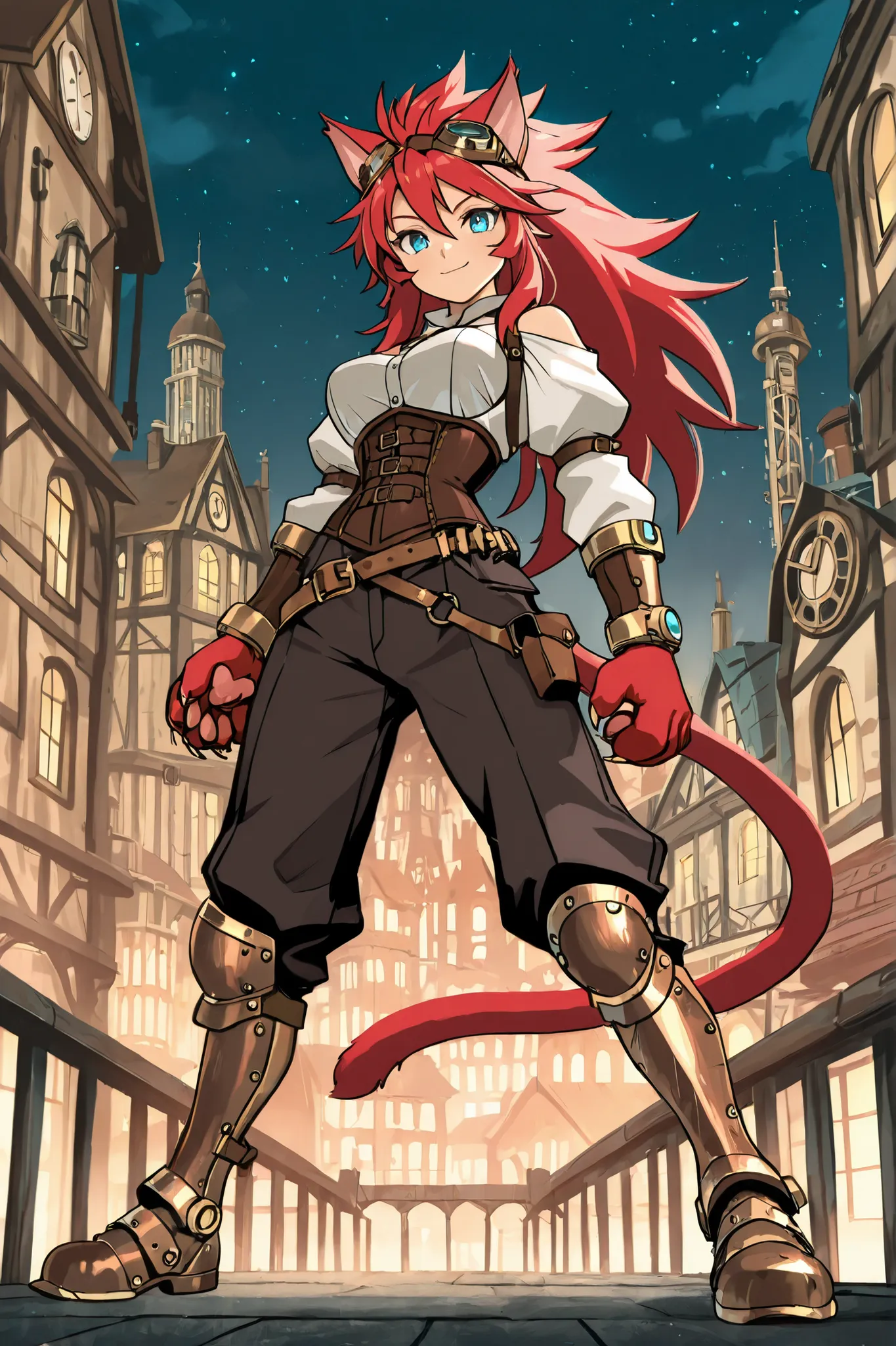 best quality, masterpiece, 2d, intricate details, anime, anime style, full body picture, catgirl, 1girl, red hair, spiked hair, blue eyes, enchanting eyes, wild hair, long hair, small smile, animal ears, red ears, red cat tail, cat ears, thighs, red hand p...