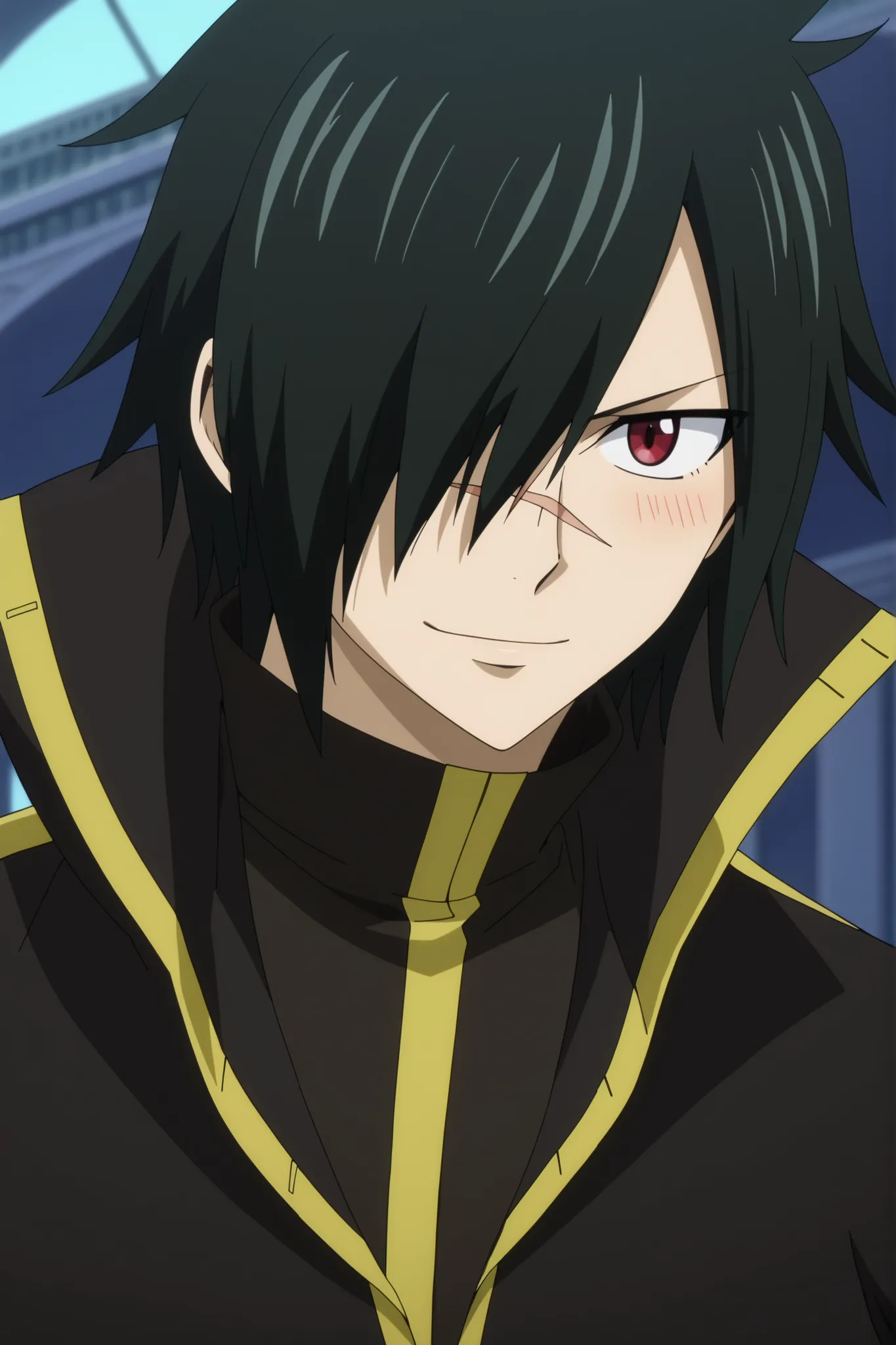 rogue_cheney, black hair, red eyes, hair over one eye, scar tattoo close-up, official style, anime screencap, 8K, extremely detailed, 1boy, solo, looking at viewer, front view, close-up black background , shadow , dynamic angle , dynamic action , atmospher...