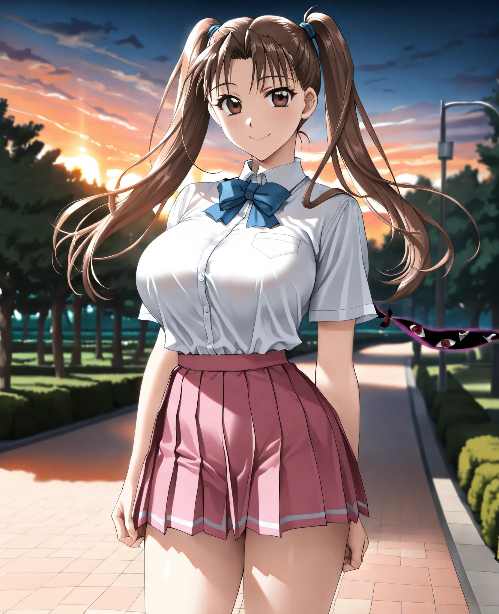 cinematic lighting, soft light,masterpiece, newer, Animated, very aesthetic, high contrast, sensual atmosphere,young women who are rebellious to me,Alone ,((Kanou Ryoko, pigtails, brown hair, long hair, brown eyes)),((school uniform,white shirt,blue ribbon...