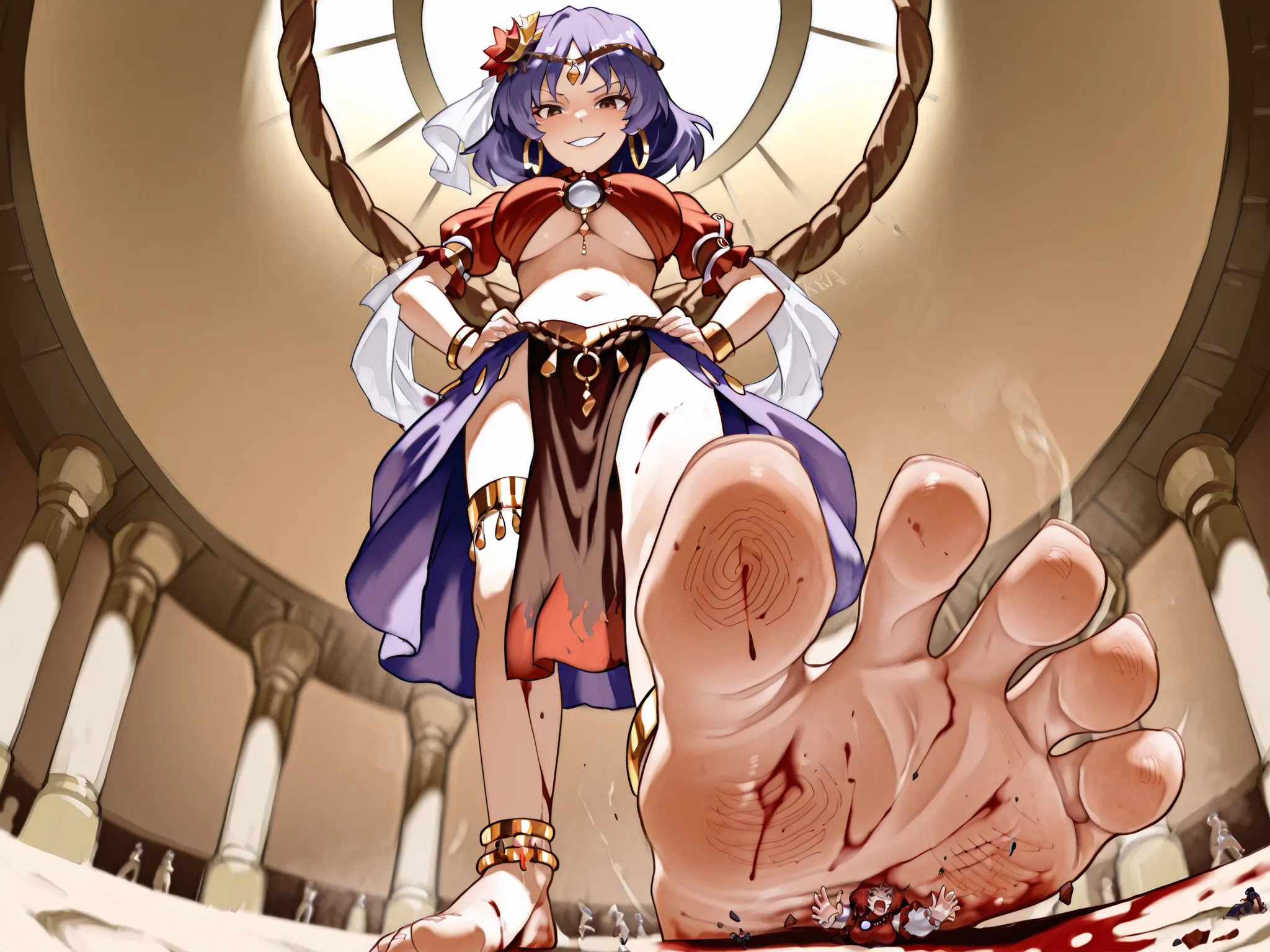 Giantess, short purple hair, brown eyes, inspired by Yasaka Kanako (Touhou Project), reimagined as Arabian belly dancer, standing over a tiny man. Focus on one massive bare foot lifted above the viewer, dramatic low-angle perspective (from below).

Sole of...