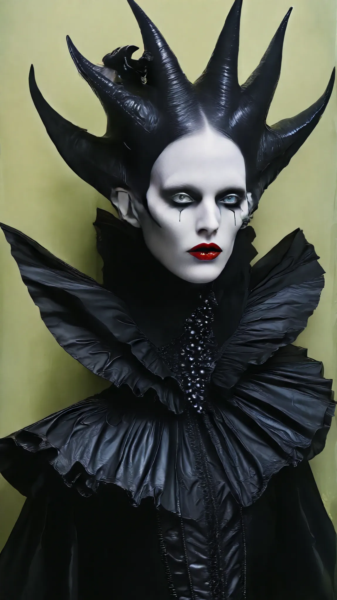 Tim Walker inspired, Fashion photography leather fetish, whimsical settings, surreal elements, creative storytelling, vibrant colors, (detailed face:1.05), hyperrealistic, Photorealistic. Gothic