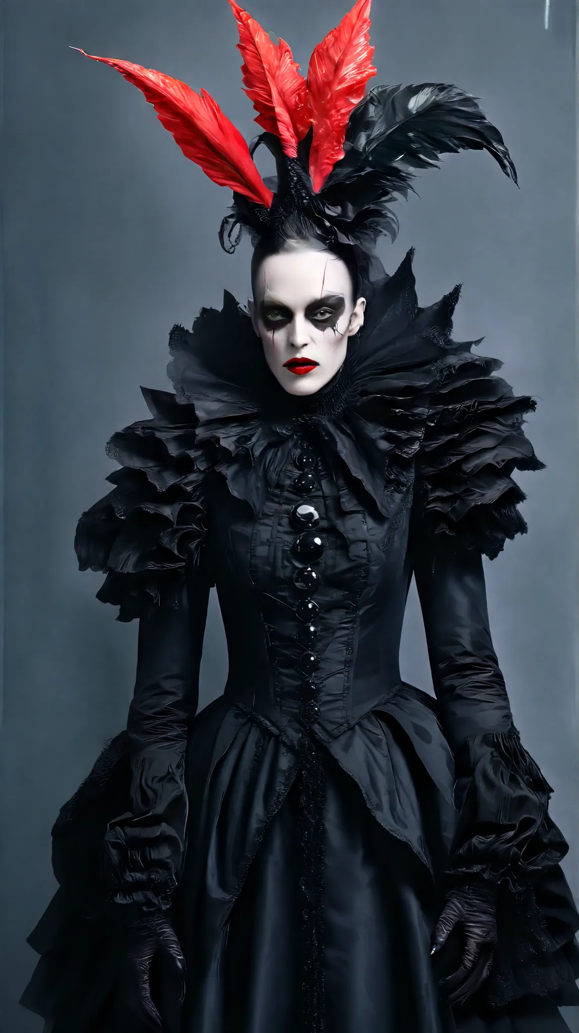 Tim Walker inspired, fashion photography, whimsical settings, surreal elements, creative storytelling, vibrant colors, (detailed face:1.05), hyperrealistic, Photorealistic. Gothic