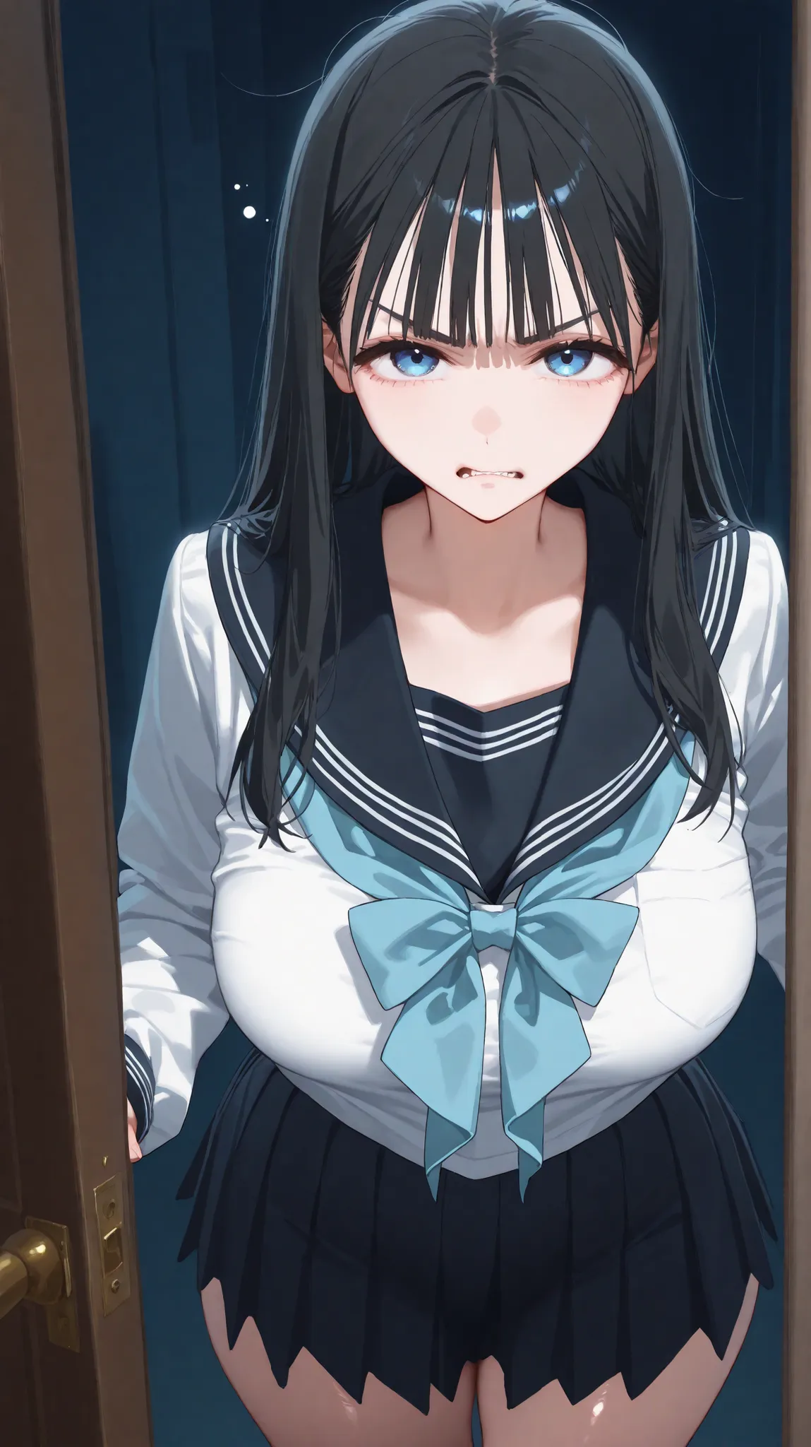 1girl , solo, standing, on the outsied of a doorway, opened door,  and on hips, sleepy face, angry, angry face,  , komichi akebi, long hair, bangs, blue eyes, black hair, big natural breast, round butt, thighs, shirt, long sleeves, bow, school uniform, whi...