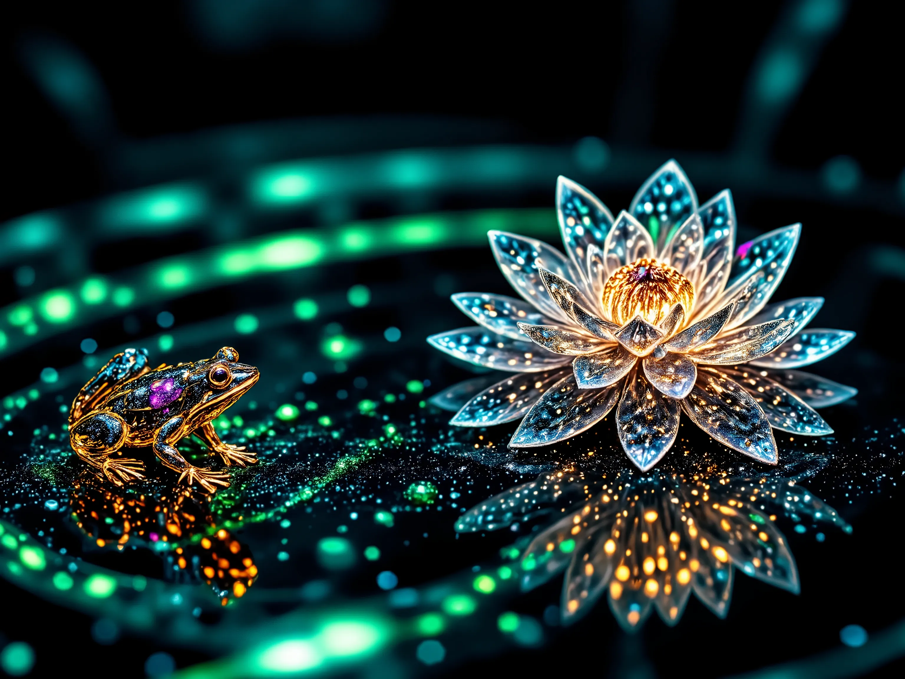 Hyper-realistic Macro Photography. miniature glass sculpture Lotus and frog. Ultra-detailed textures, absolute perfection. 16K resolution, volumetric lighting, global illumination, ambient occlusion, ray-traced reflections, cinematic color grading, photore...